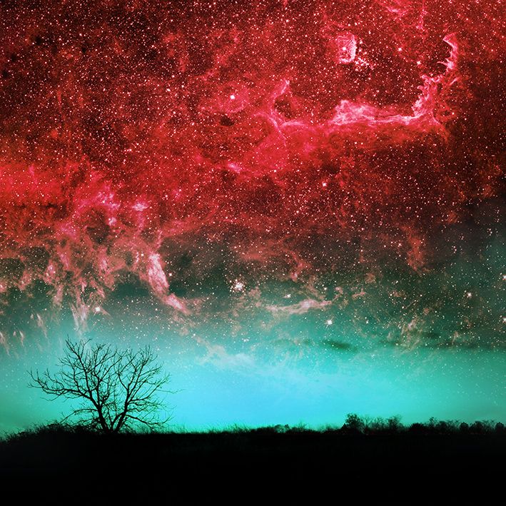 baskılı fon perde yıldız ve ağaç etkili kırmızı ve su mavisi desenli