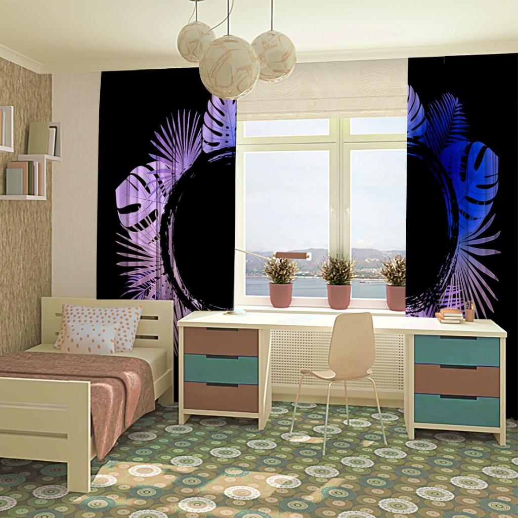 baskılı fon perde yuvarlak mor ve mavi renkli palmiye yaprak desenli
