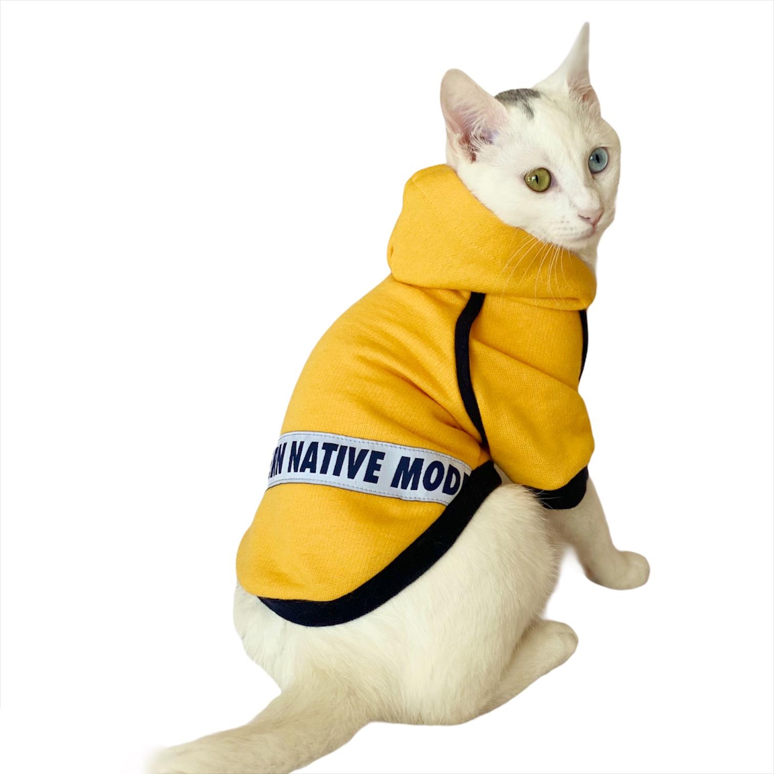 Yellow Native Modern Kapsonlu Sweatshirt Kedi Süeteri Kedi Kıyafeti