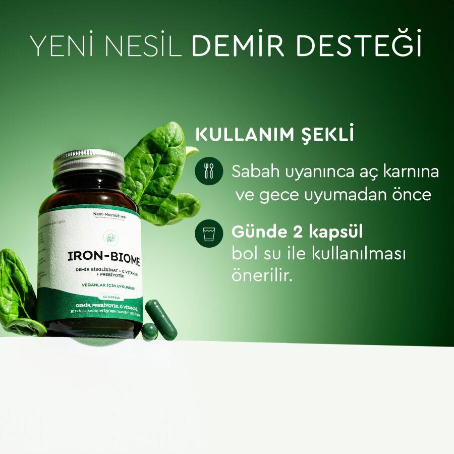 Iron-Biome Demir, Prebiyotik, C-Vitamini, Bitkisel Karışım İçeren Takviye Edici Gıda (60 Kapsül)