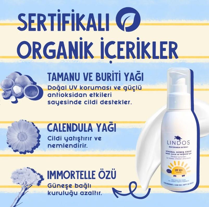 Lindos Organik Mineral Güneş Kremi Non Nano Çinko Oksit SPF50+ (Bebek & Yetişkin) 100 ml