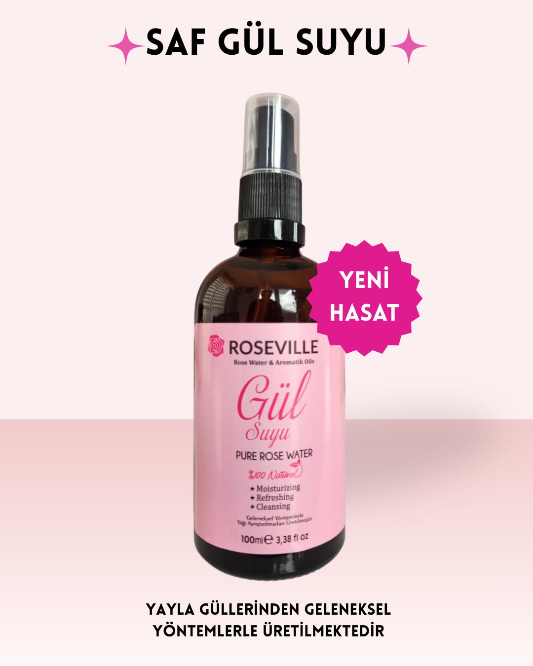 Roseville Gül Suyu Cam Şişe 100 ml % 100 Saf ve Doğal Sprey Başlıklı
