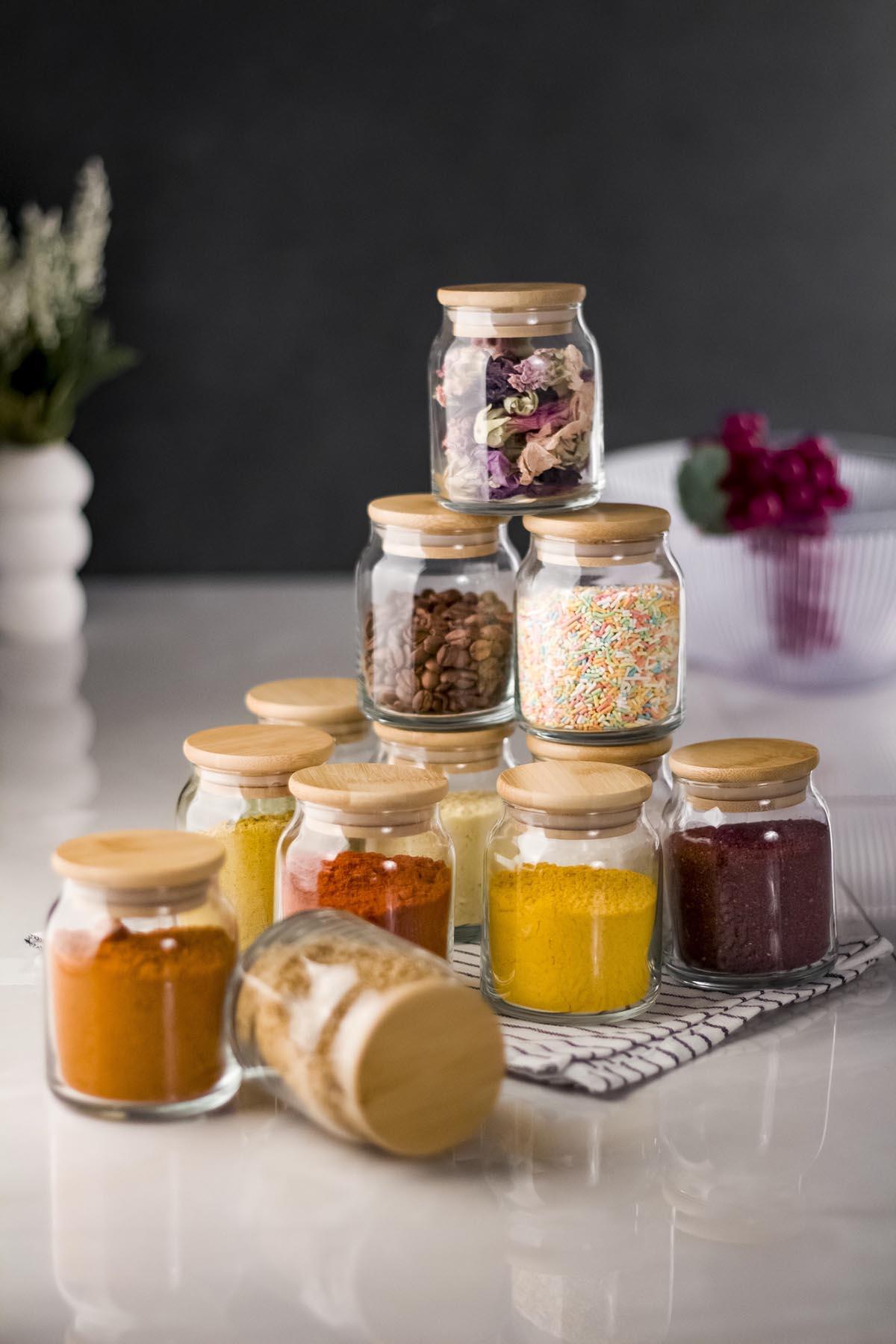 12 Bamboo Lid Glass Jar & Spice Set & Spicyk Set 250 ML (Vakum Cover)