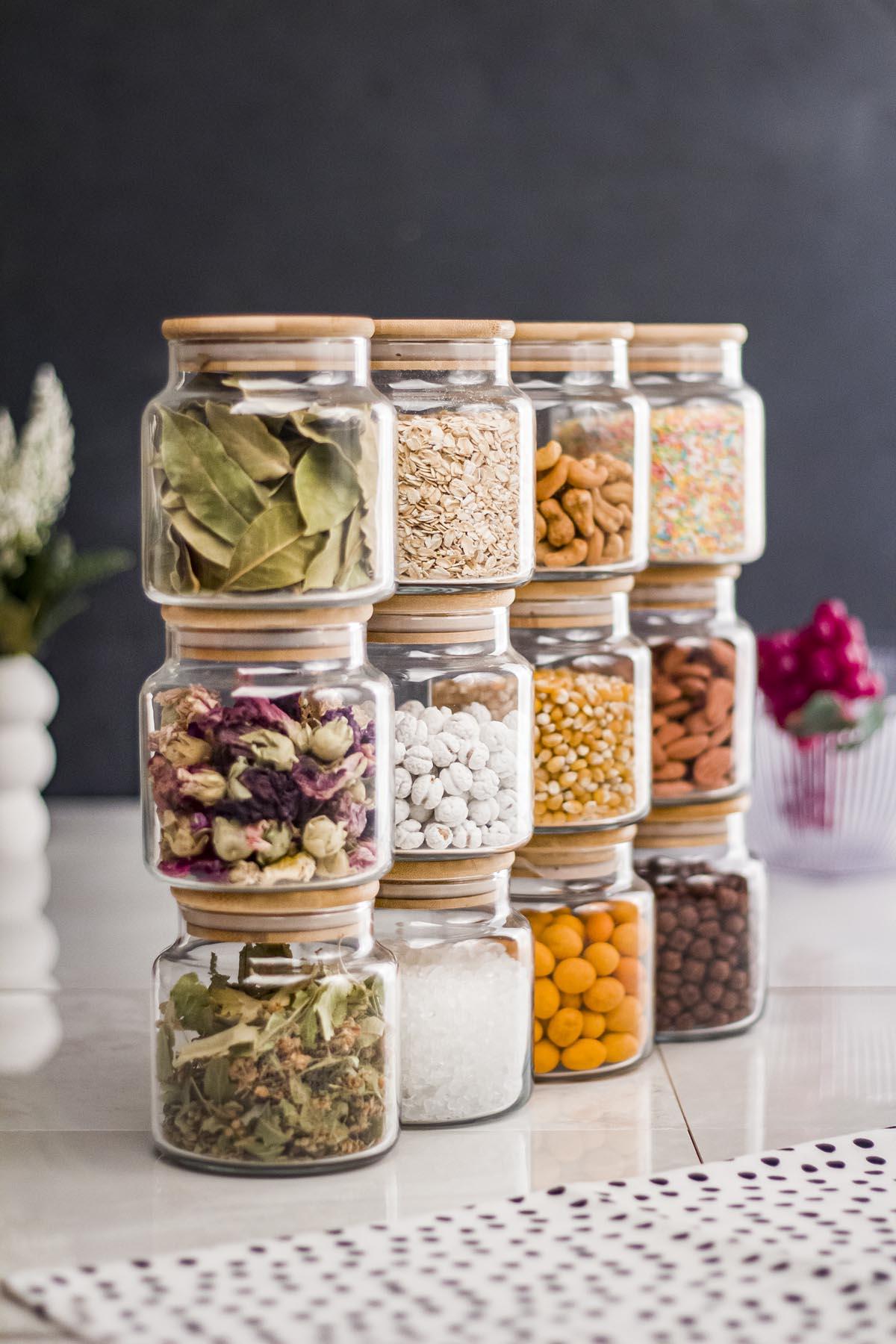 12'Li Bamboo Lid Glass Jar & Spice Set & Spicy Set 500 ML ( Vacuum Cover )