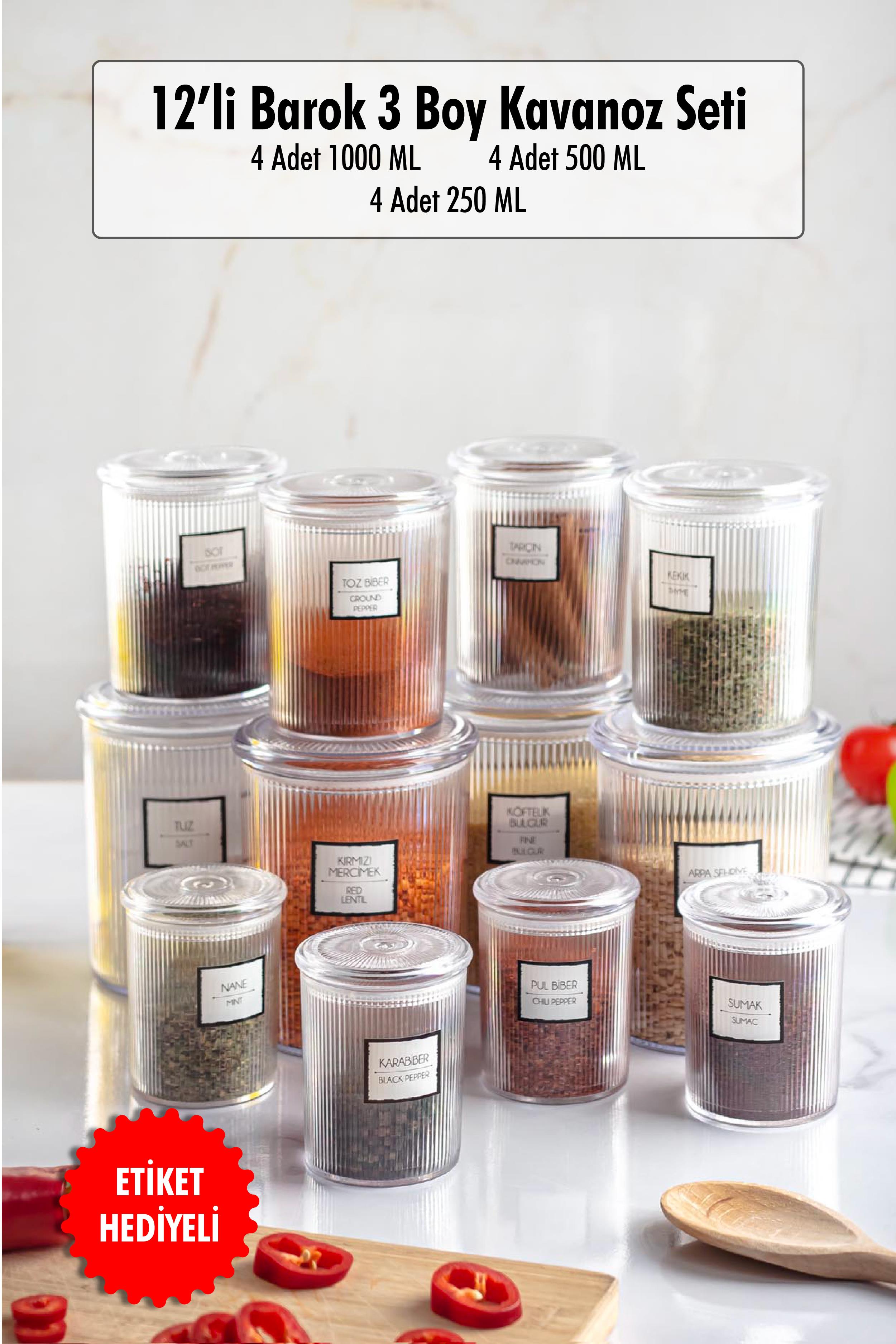 12 Barok Round 3 Size Jar Set & Storage Container & Erzak Container (4*1000 ML, 4*500 ML,4*250 ML) 