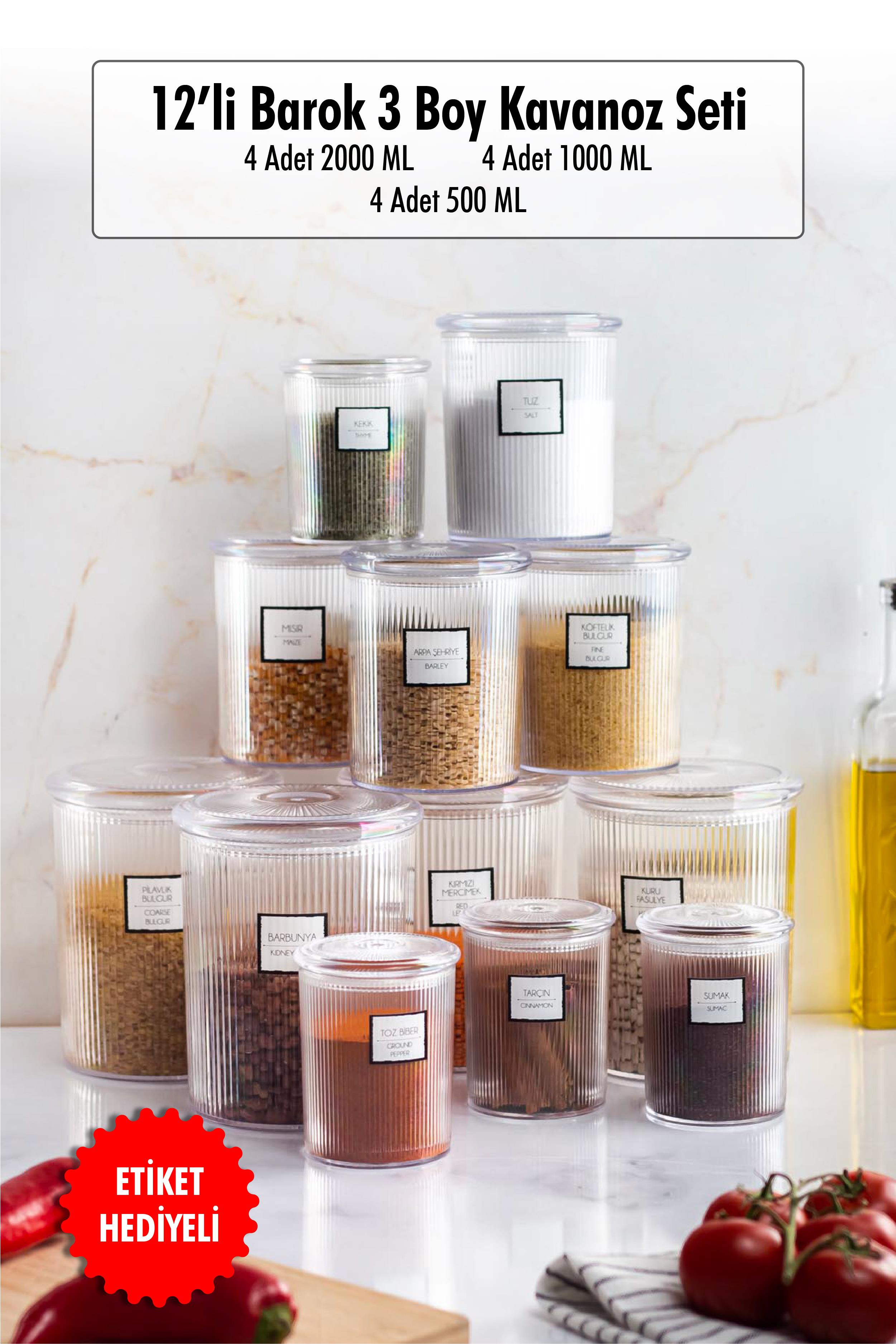 12 Barok Round 3 Size Jar Set & Storage Container & Erzak Container (4*2000 ML, 4*1000 ML, 4*500 ML)