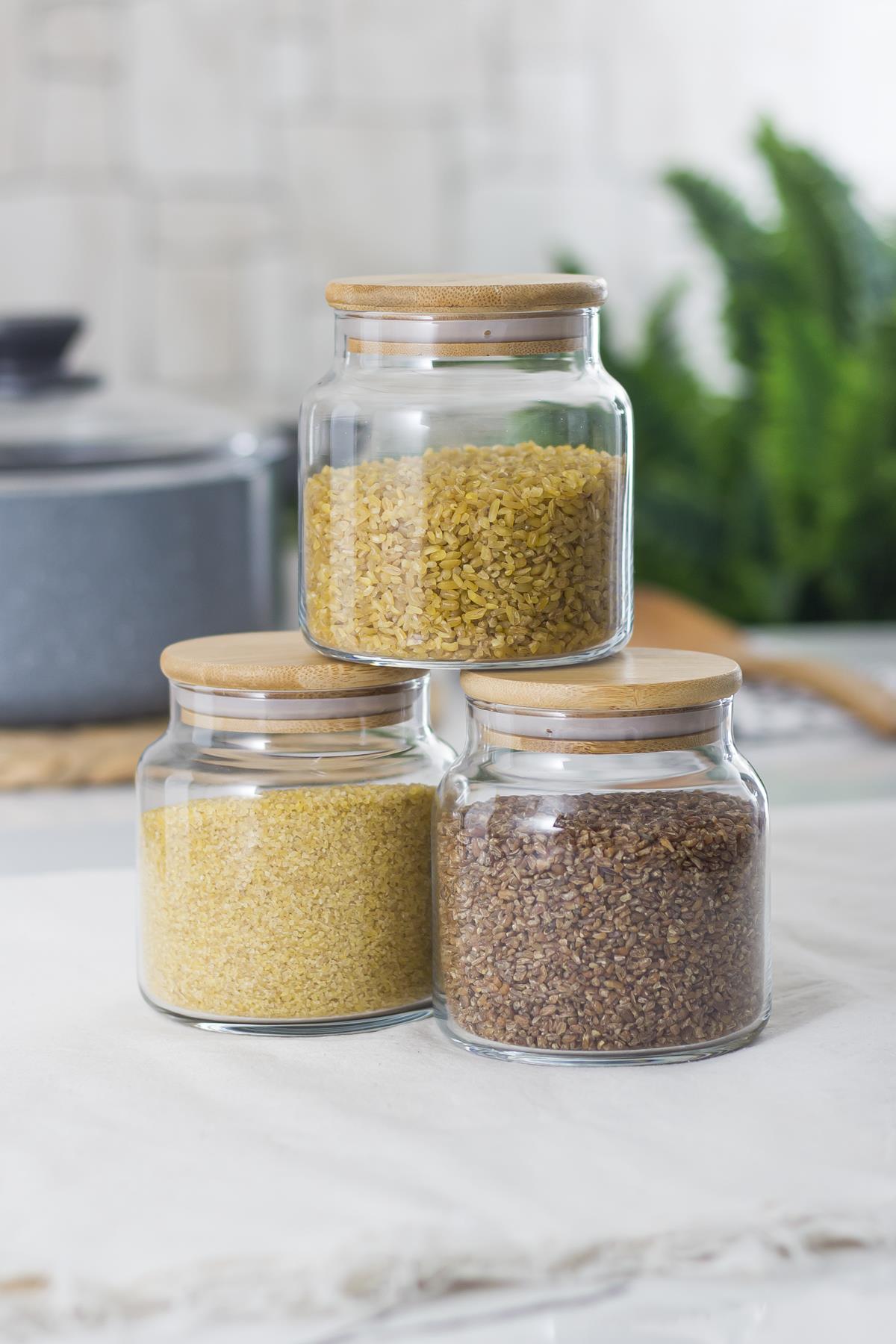 Glass Jar With 3 Bamboo Lid & Erzak Storage Container Set 500 ml Small Size (Vakum Cover)