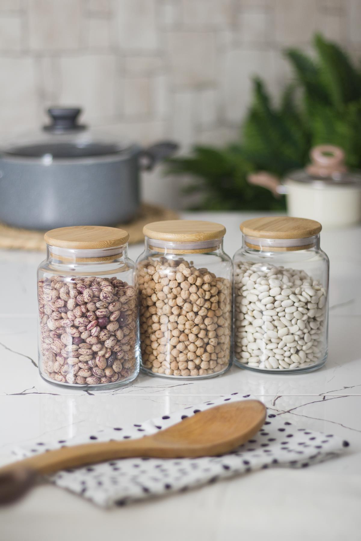 3 Lü Set Glass Jar With Bamboo Lid & Erzak Storage Container 800ml Medium Size ( Vacuum Cover )