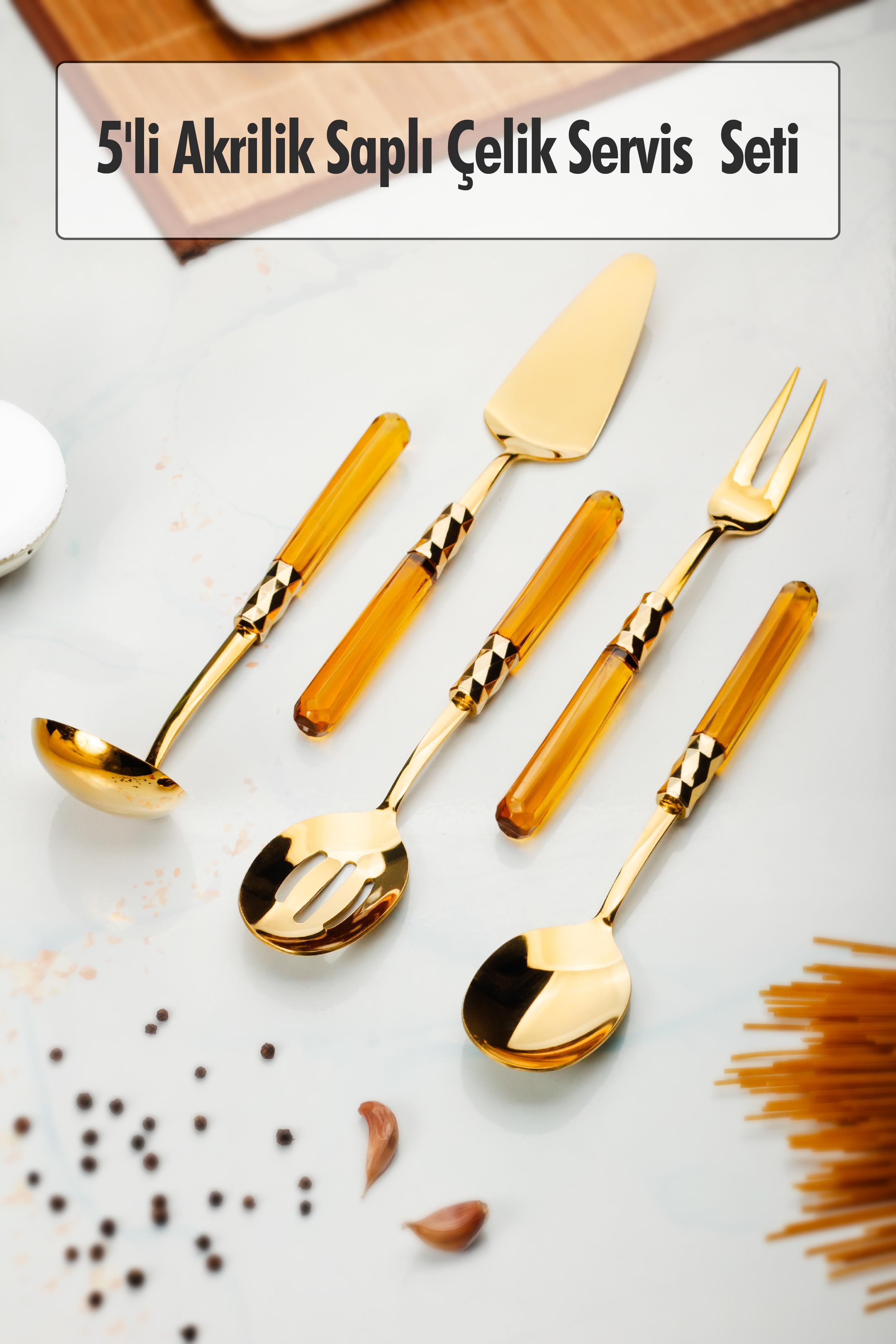 5 Part Gold Service Set & Service Presentation Set Amber ( Bucket / Kevgir / Sıpatula / Fork / Spoon )