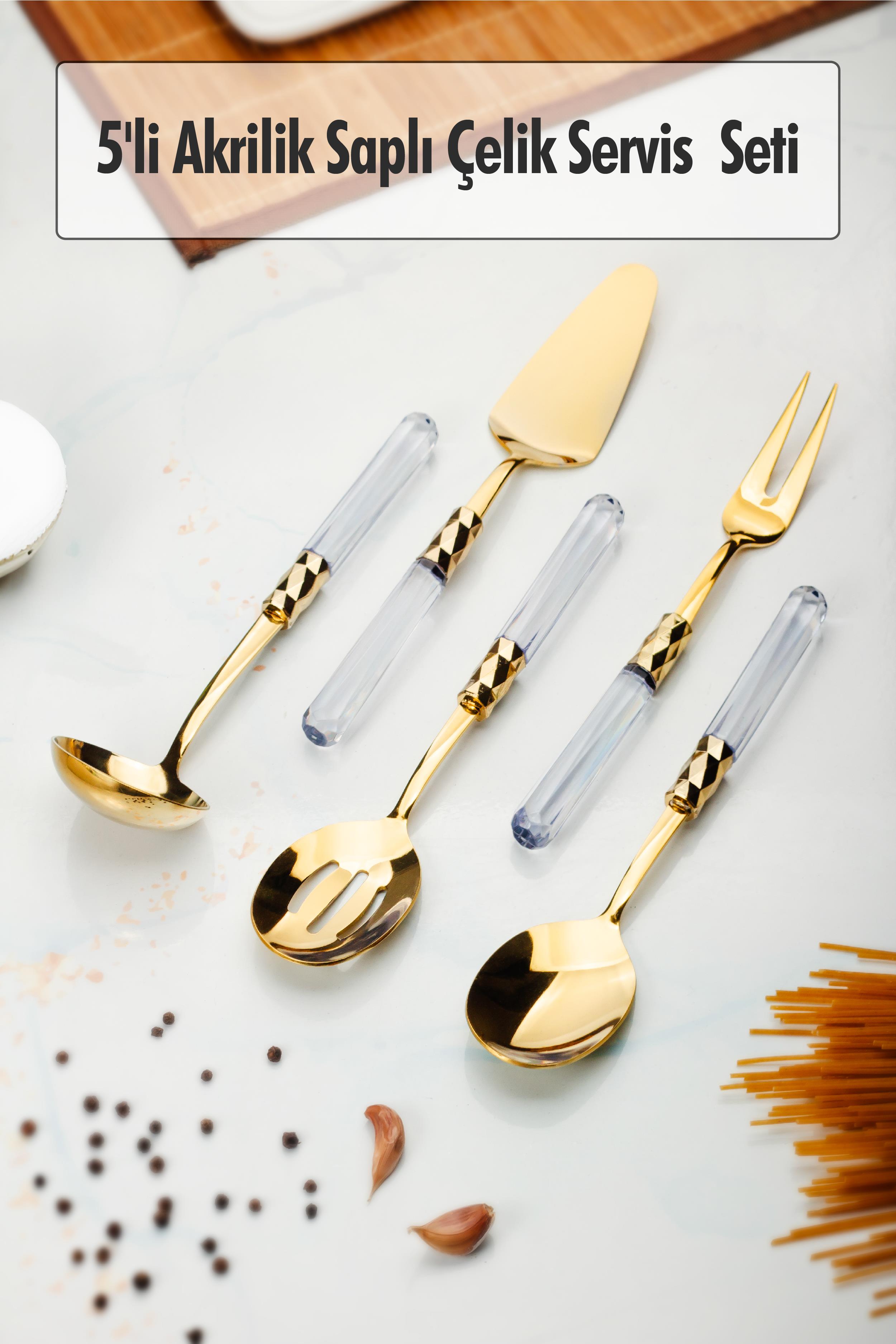 5 Part Gold Service Set & Service Presentation Set Transparent ( Scoop / Kevgir / Sıpatula / Fork / Spoon )
