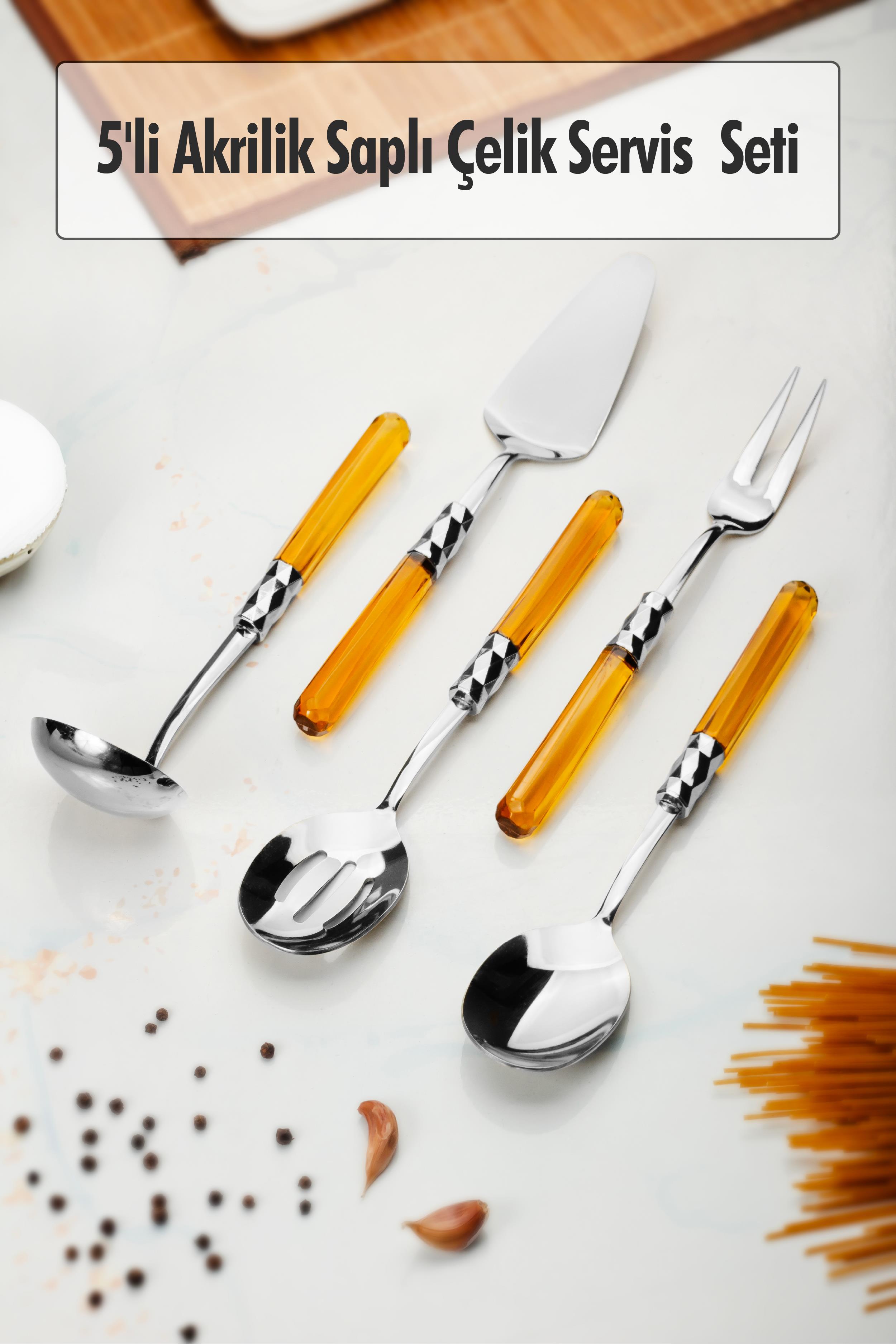 5 Part Platinum Service Set & Service Presentation Set Amber ( Bucket / Kevgir / Sıpatula / Fork / Spoon )