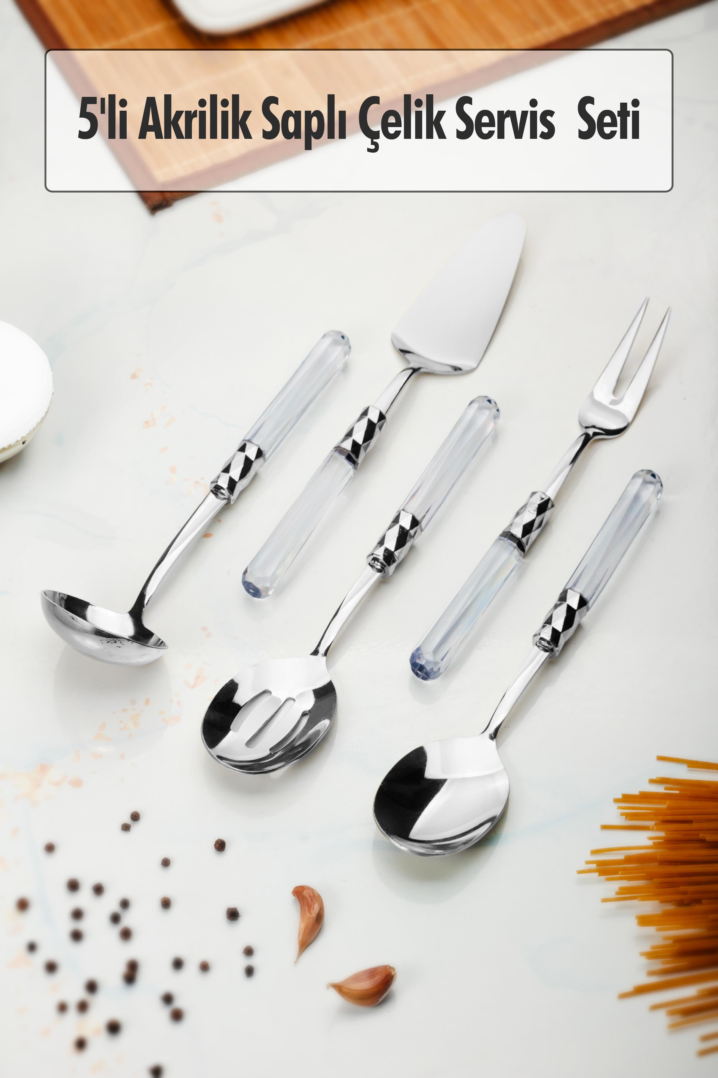 5 Track Platinum Service Set & Service Presentation Set Transparent ( Scoop / Kevgir / Sıpatula / Fork / Spoon )