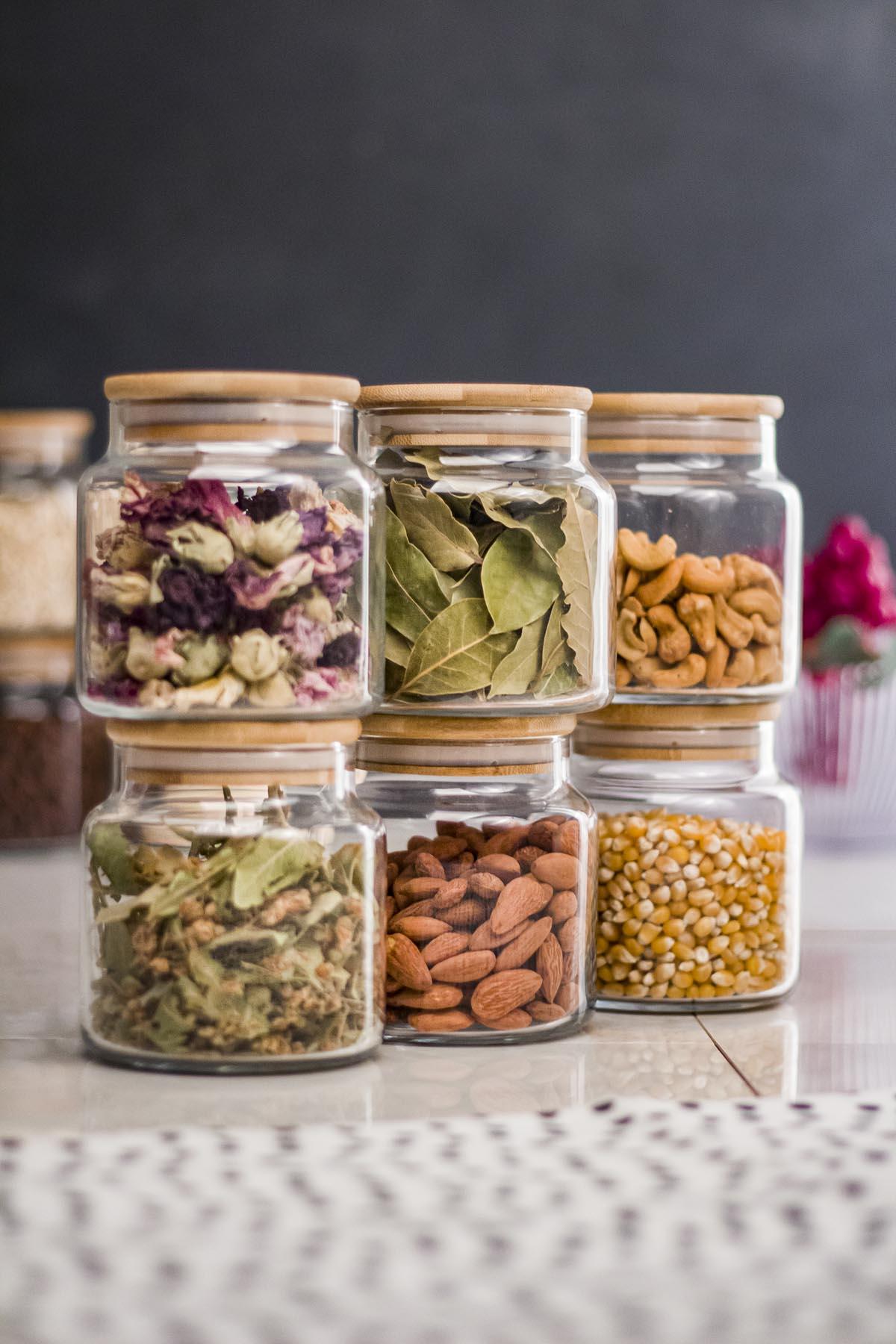 6 Bamboo Lid Glass Jar & Spice Set & Spicyk Set 500 ML ( Vacuum Cover )