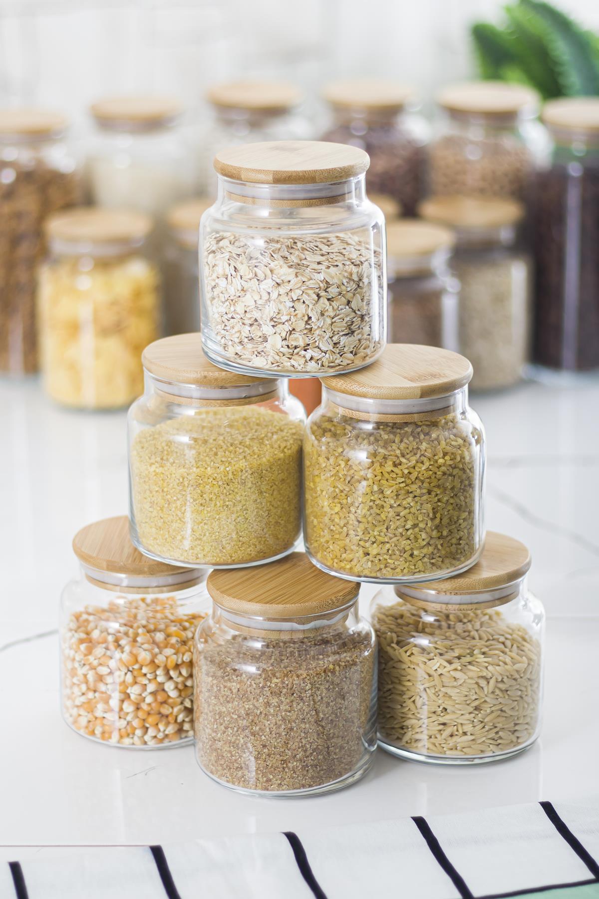 6 Bamboo Lid Glass Jar & Erzak Storage Container Set 500 ml Small Size (Vakum Cover)