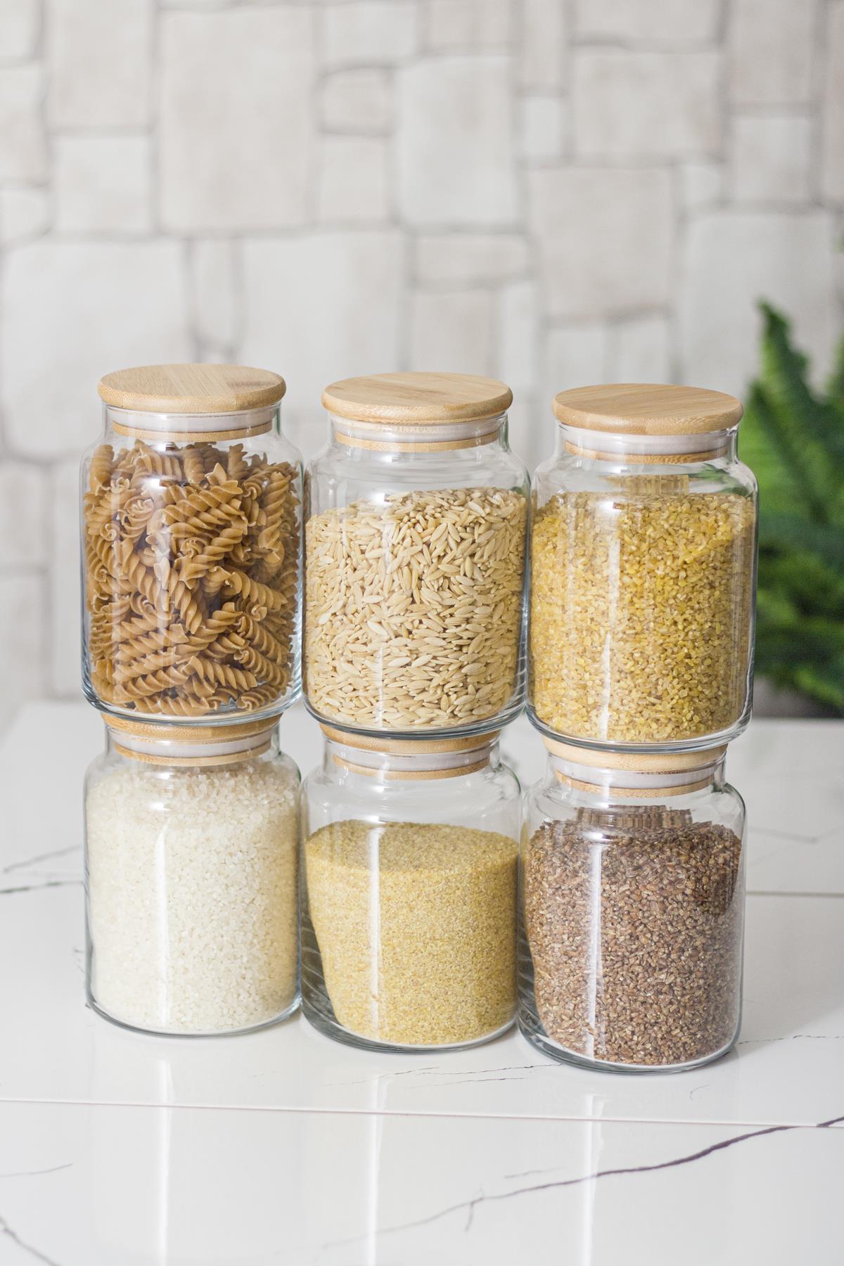 6 Lı Set Bamboo Lid Glass Jar & Erzak Storage Container 800ml Medium Size ( Vacuum Cover )
