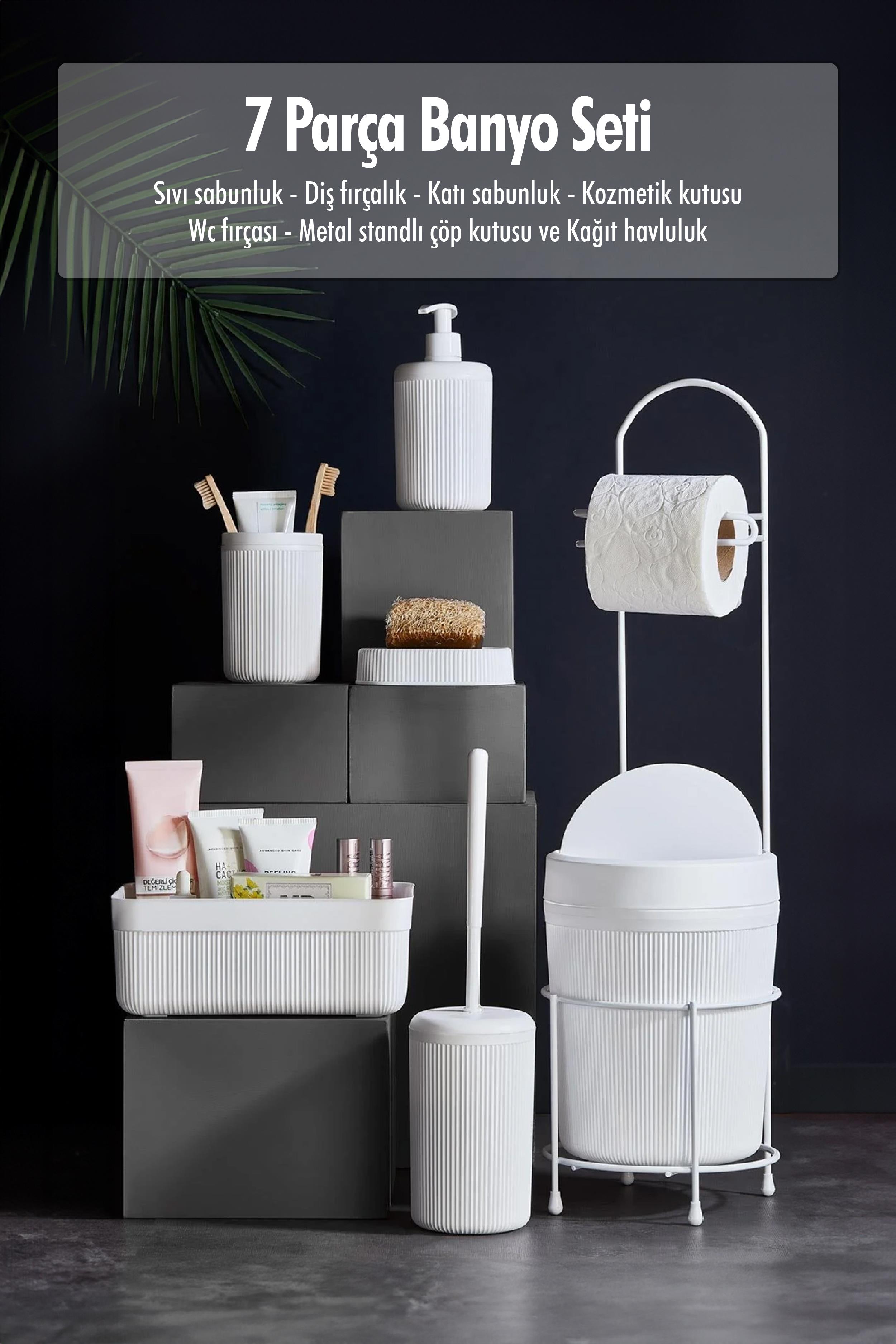 7 Piece White Bathroom Set Metal Stant Bucket Wc Paper Cosmetic Box With Tooth Brush And Soap