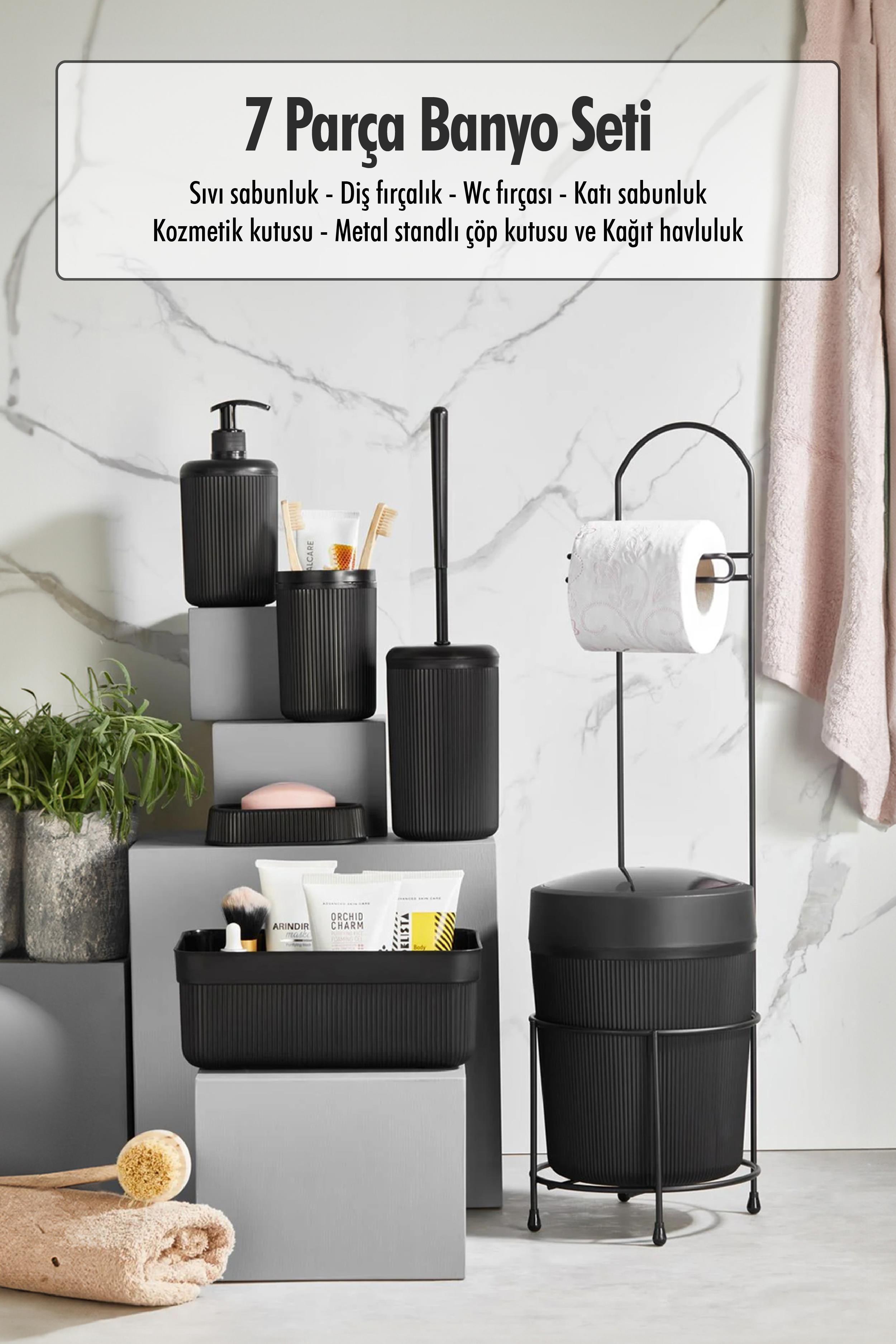 7 Piece Black Bathroom Set Metal Stant Bucket Wc Paper Cosmetic Box With Tooth Brush And Soap