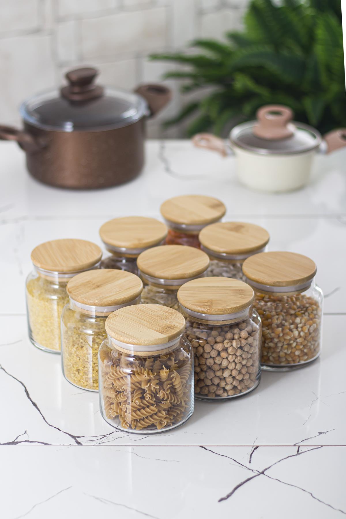 9 Bamboo Lid Glass Jar & Erzak Storage Container Set 500 ml Small Size ( Vacuum Cover )