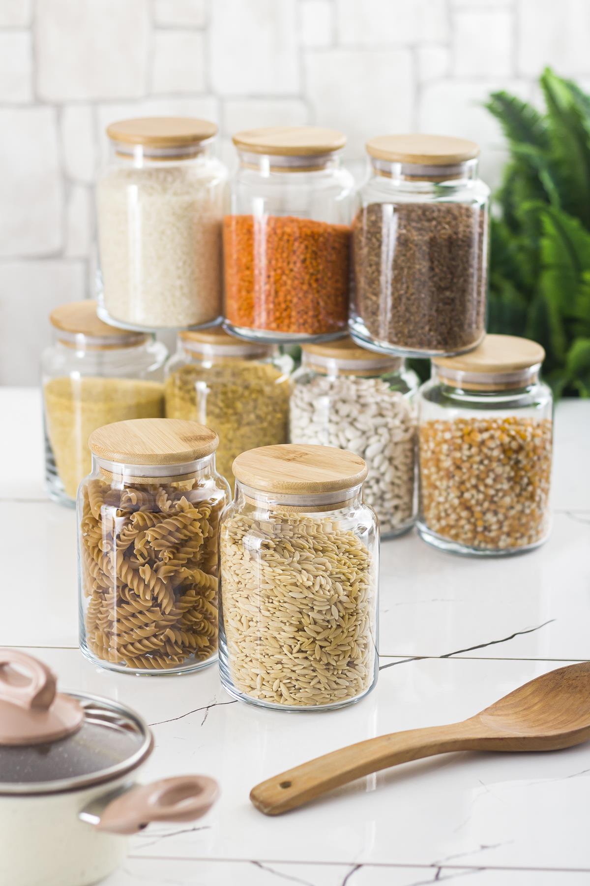 9 Lu Set Bamboo Lid Glass Jar & Erzak Storage Container 800ml Medium Size ( Vacuum Cover )