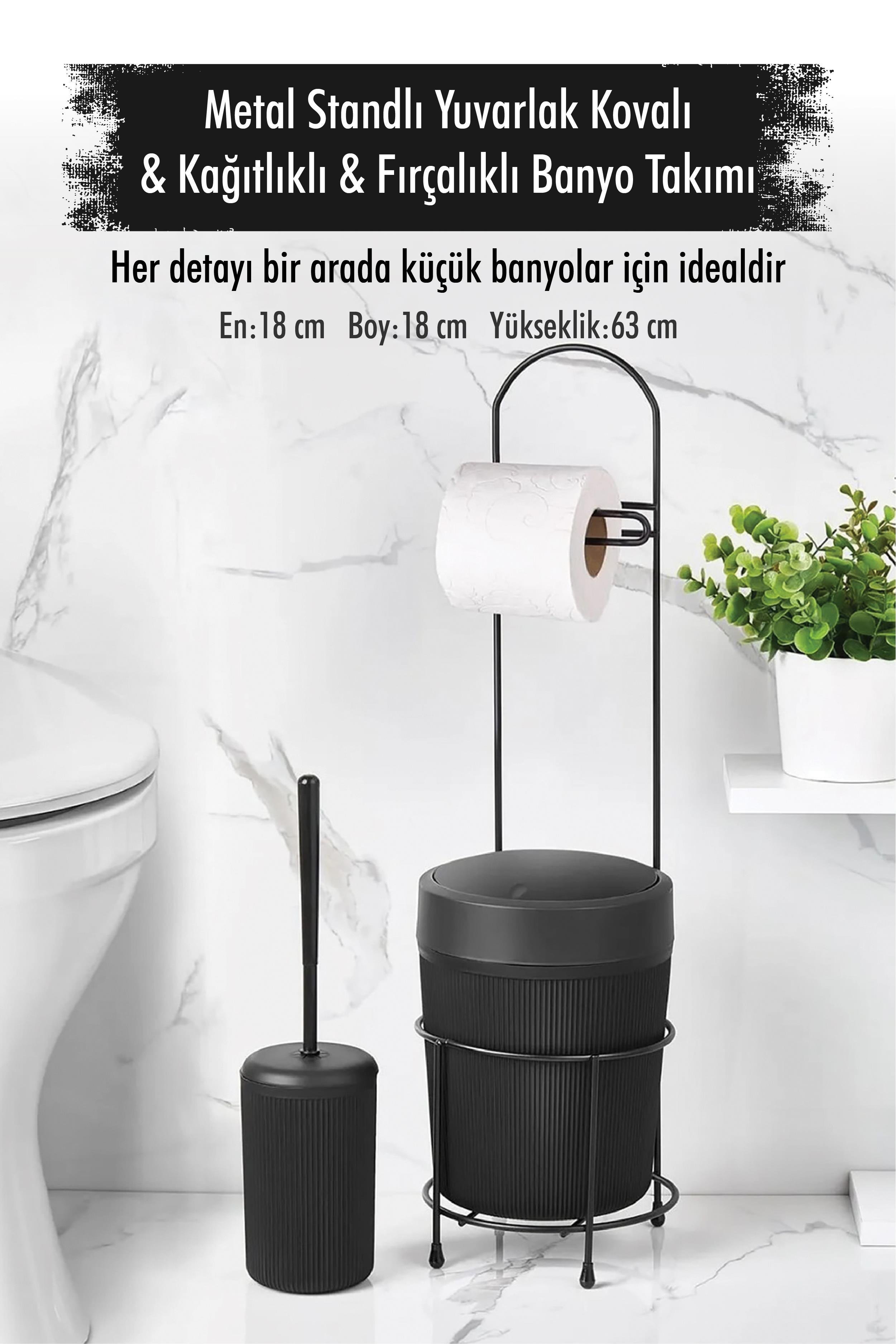 Metal Stand Round Sleeve & Paper & Brushed Black Bathroom Set