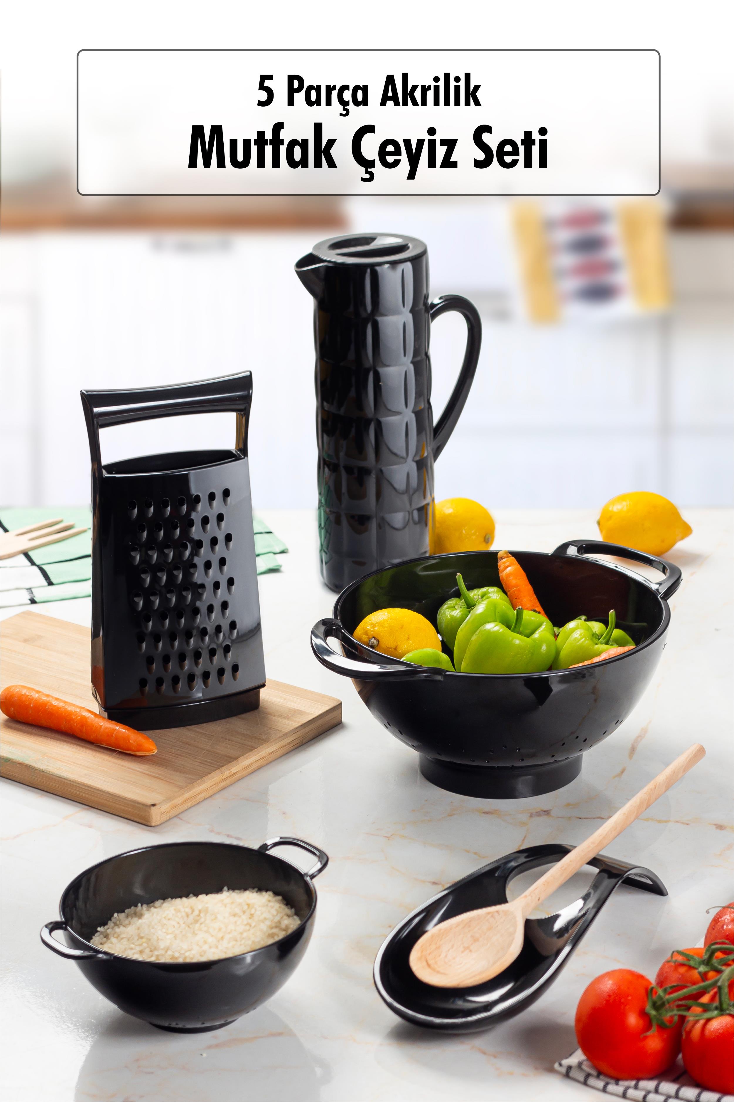 Acrylic Black 5 Piece Pitcher & Rende & Strainer & Mini Strainer & Spoon & Kitchen Cheer Set 