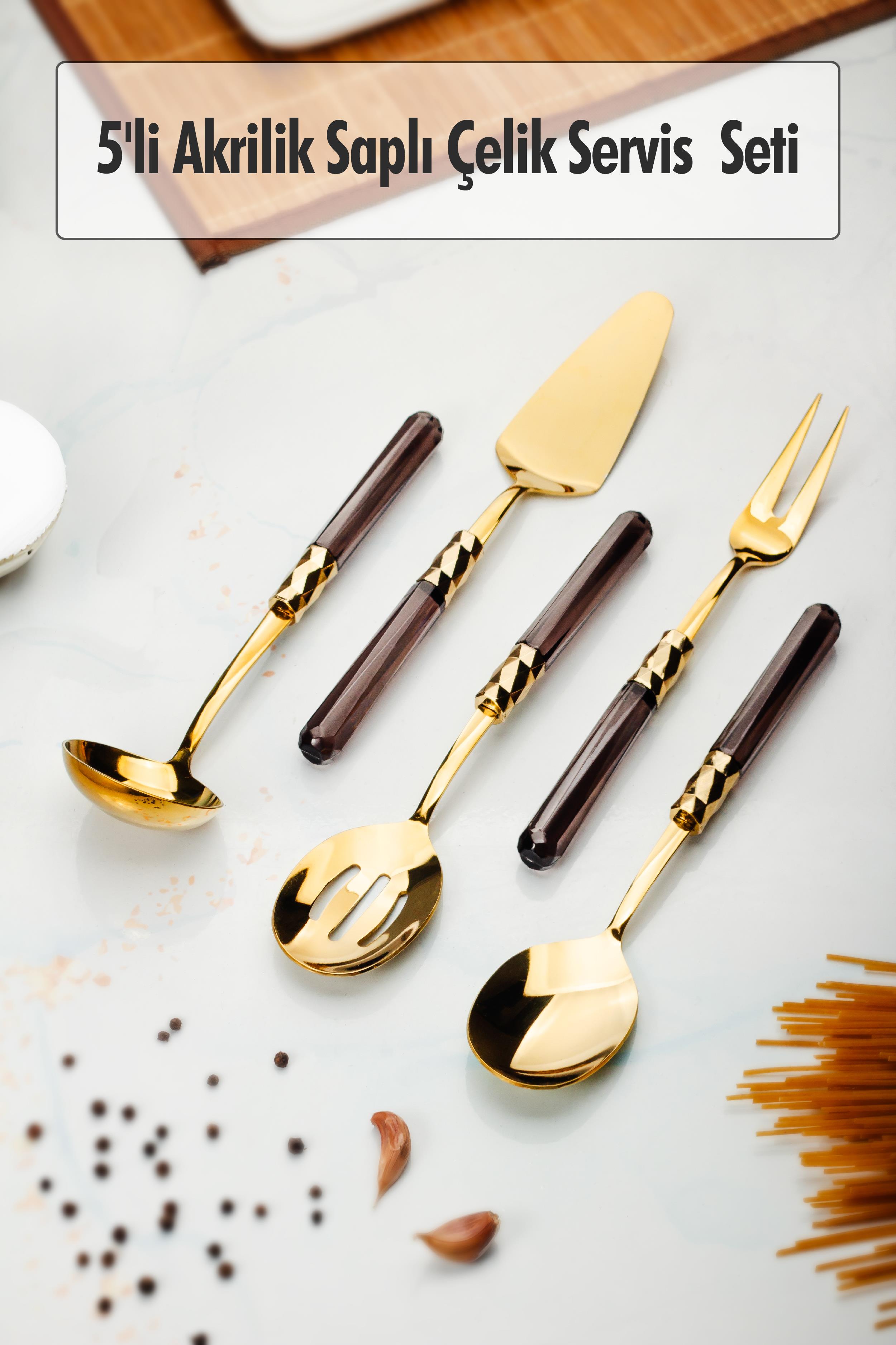 5 Part Gold Service Set & Service Presentation Set Füme ( Scoop / Kevgir / Sıpatula / Fork / Spoon )