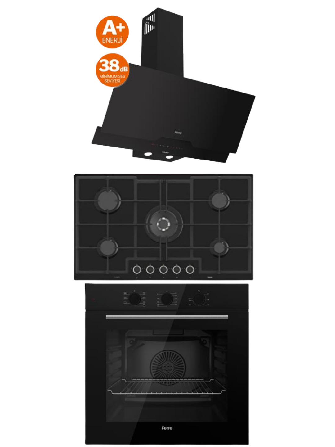 Ferre Siyah Flowart Ankastre Set ( ED045 Ocak - QBL62CS Fırın - D067 Davlumbaz)