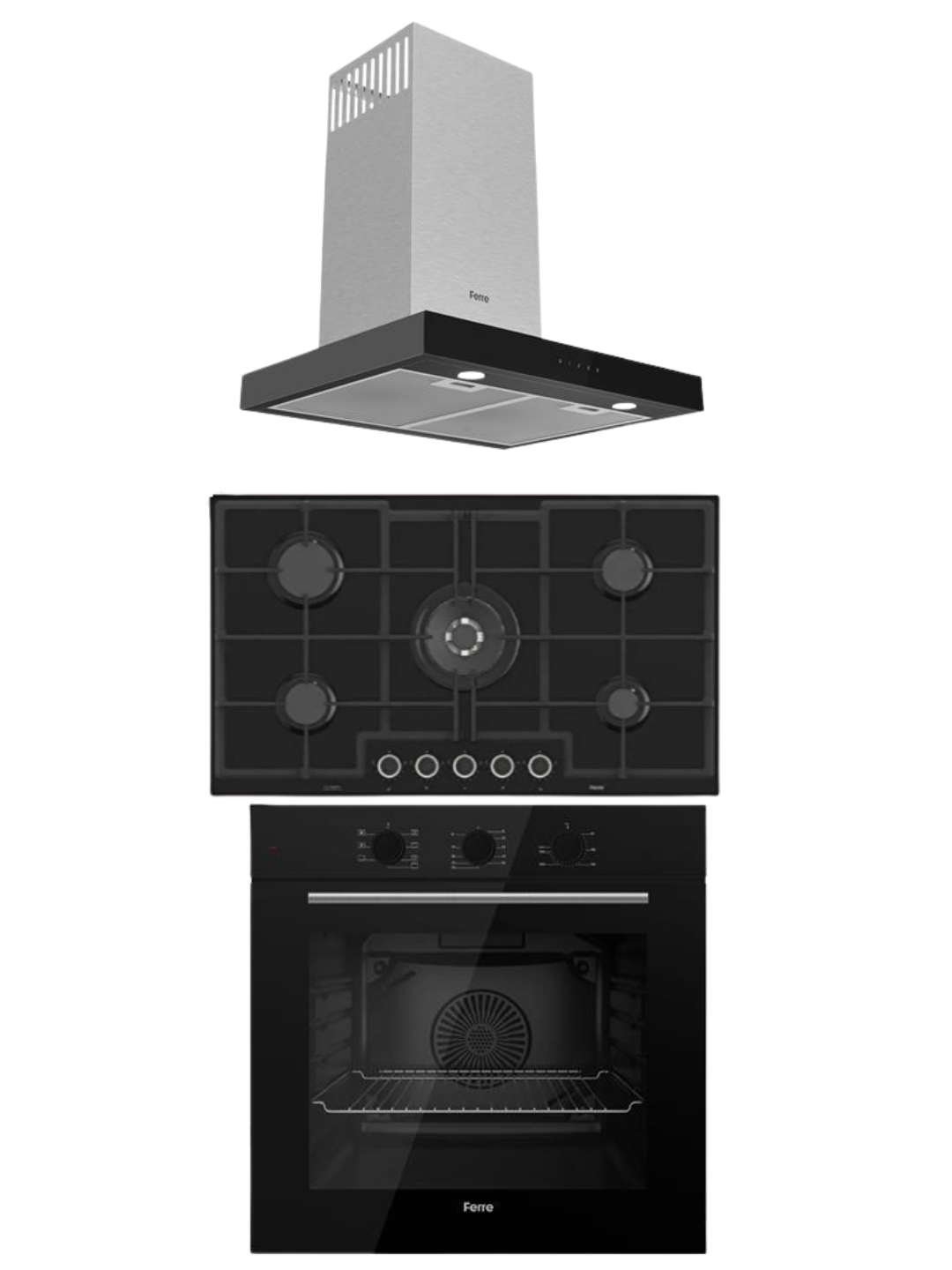 Ferre Flowart Siyah Ankastre Set (ED045 Ocak - QBL62CS Fırın - D100 Davlumbaz)