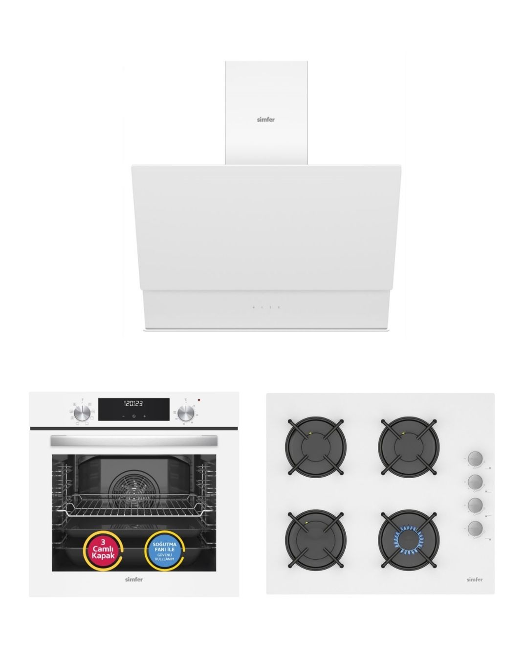 Simfer QS Beyaz Cam 3'lü Ankastre Set (8209 Fırın + 3507 Ocak + 8704 Davlumbaz)