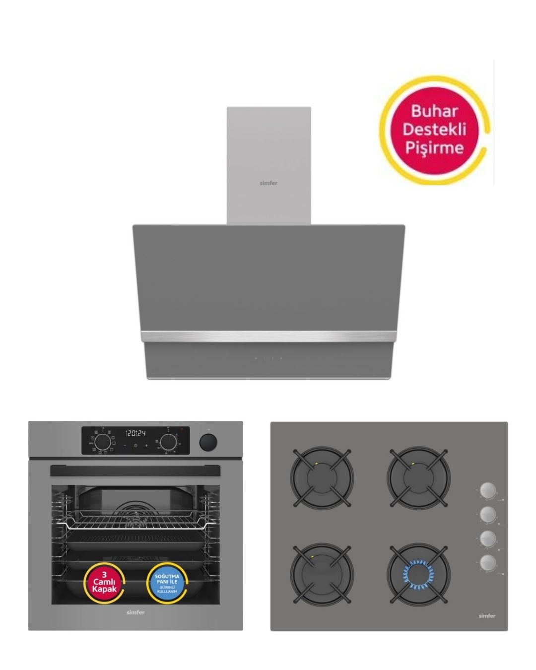 Simfer Steam Master Gri 3'lü Ankastre Set (8246 BUHAR VE AİRFRY Fırın - 3538 Ocak - 8740 Davlumbaz)