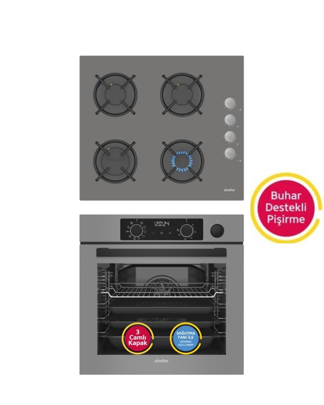 Simfer Steam Master Gri 3'lü Ankastre Set (8246 BUHAR VE AİRFRY Fırın - 3538 Ocak)