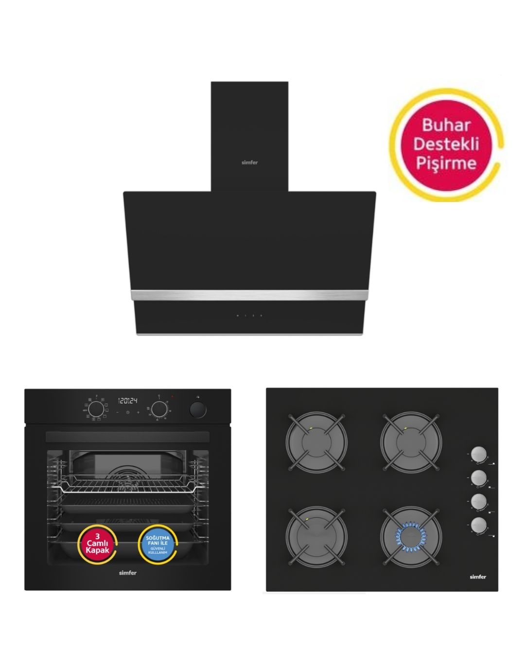 Simfer Steam Master Siyah Cam 3'lü Ankastre Set (8244 Fırın + 3500 Ocak + 8738 Davlumbaz)