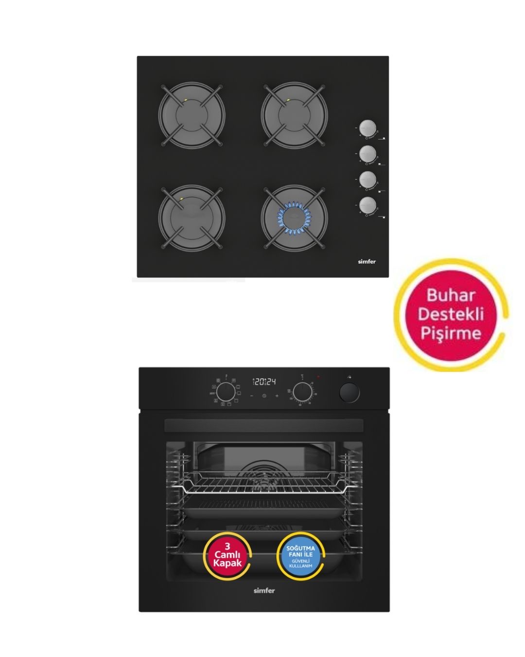Simfer Steam Master Siyah Cam 2'li Ankastre Set (8244 Fırın + 3500 Ocak)