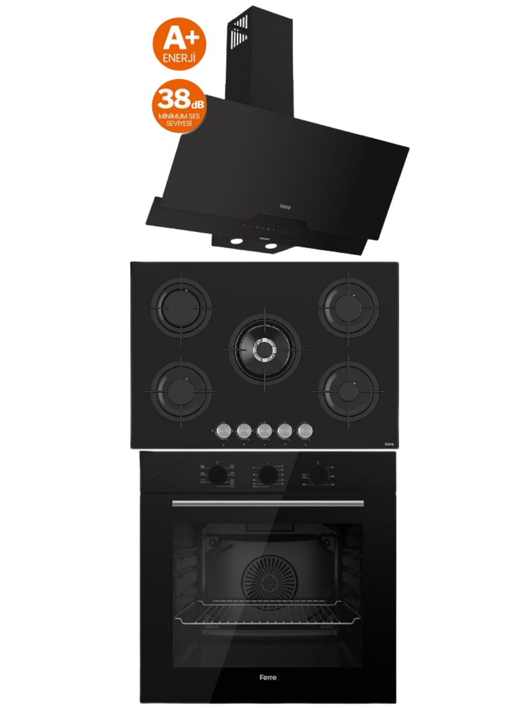 Ferre Flowart Siyah Ankastre Set (RS035 Ocak - QBL62CS Fırın - D067 Davlumbaz)
