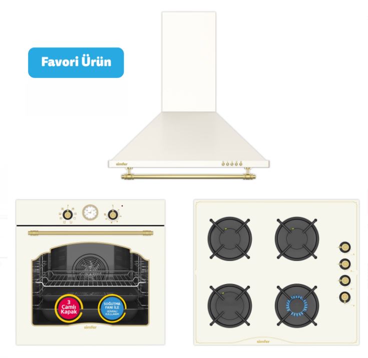 Simfer 0+8 Fonksiyon Retro Bej 3'lü Ankastre Set (8218 Fırın + 3326 Ocak + 8716 Davlumbaz)