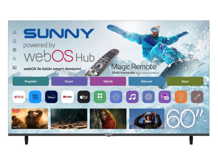 Sunny SN60QLEDM-W02M 4K Ultra HD 152 Ekran Uydu Alıcılı webOS Smart QLED TV