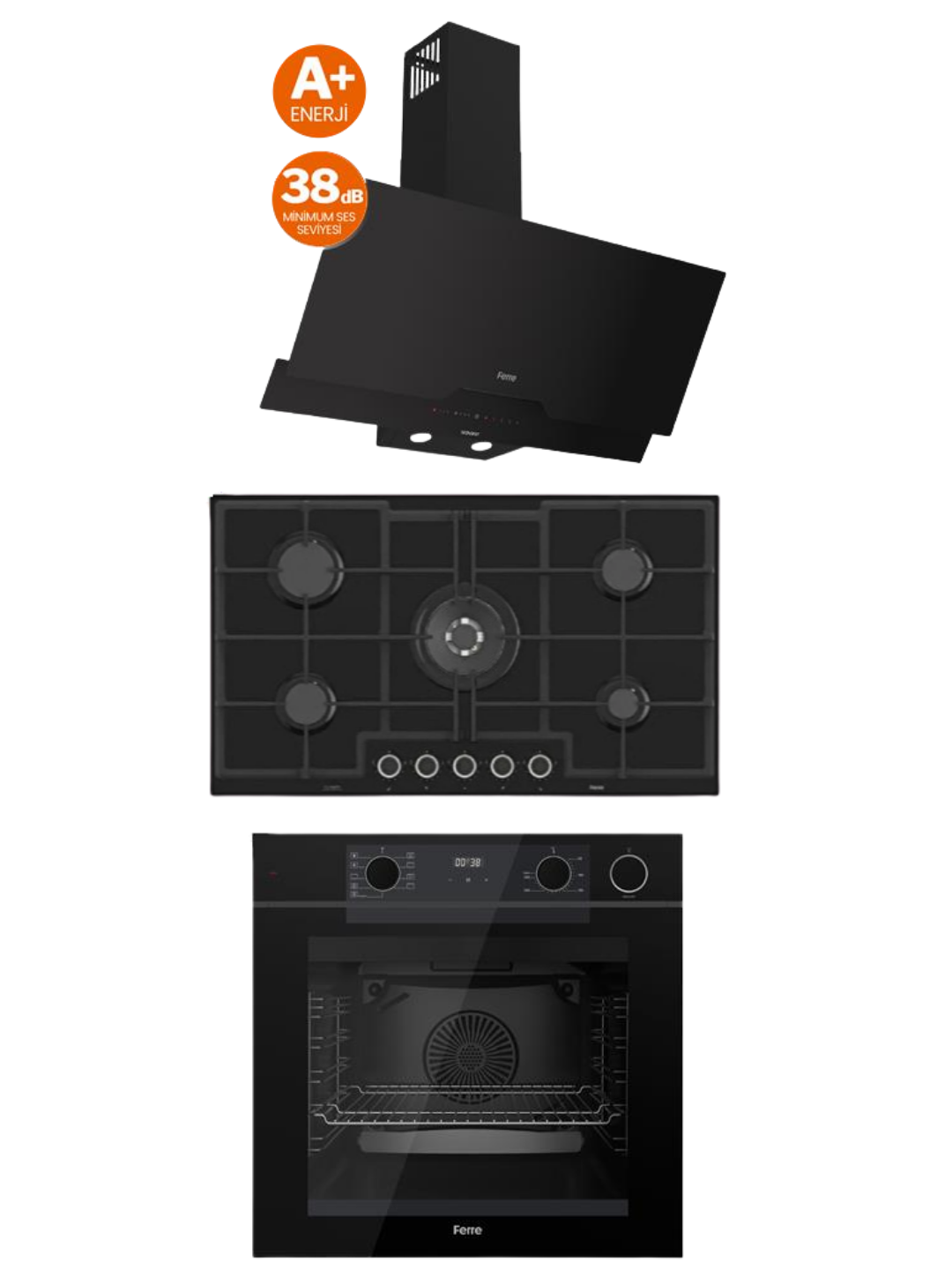 Ferre Flameart Siyah Ankkastre Set QBL64CS Fırın,ED045 Ocak,D067-SA Davlumbaz