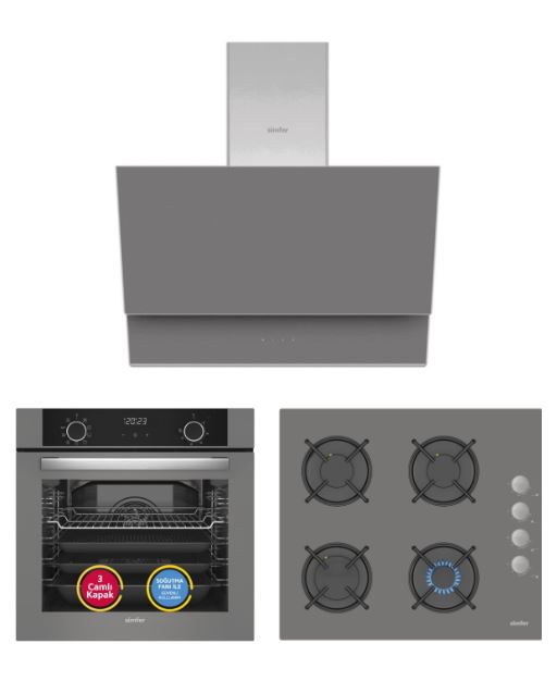 Simfer 0+9 Fonksiyon Airfry Gri 3'lü Ankastre Set (8217 Fırın + 3538 Ocak + 8736 Davlumbaz)