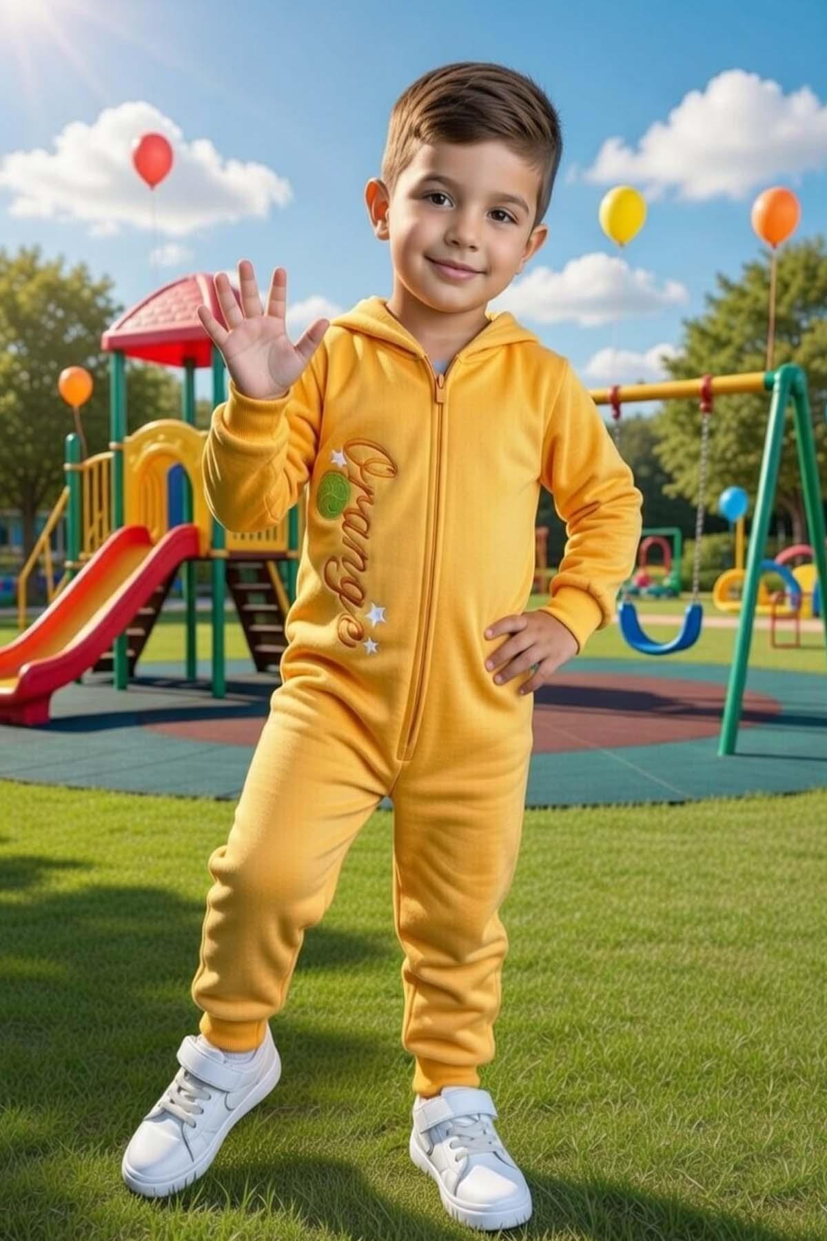 Erkek Bebek Orange Yazı ve Arkasında Portakal İşlemeli Fermuarlı Turuncu Tulum