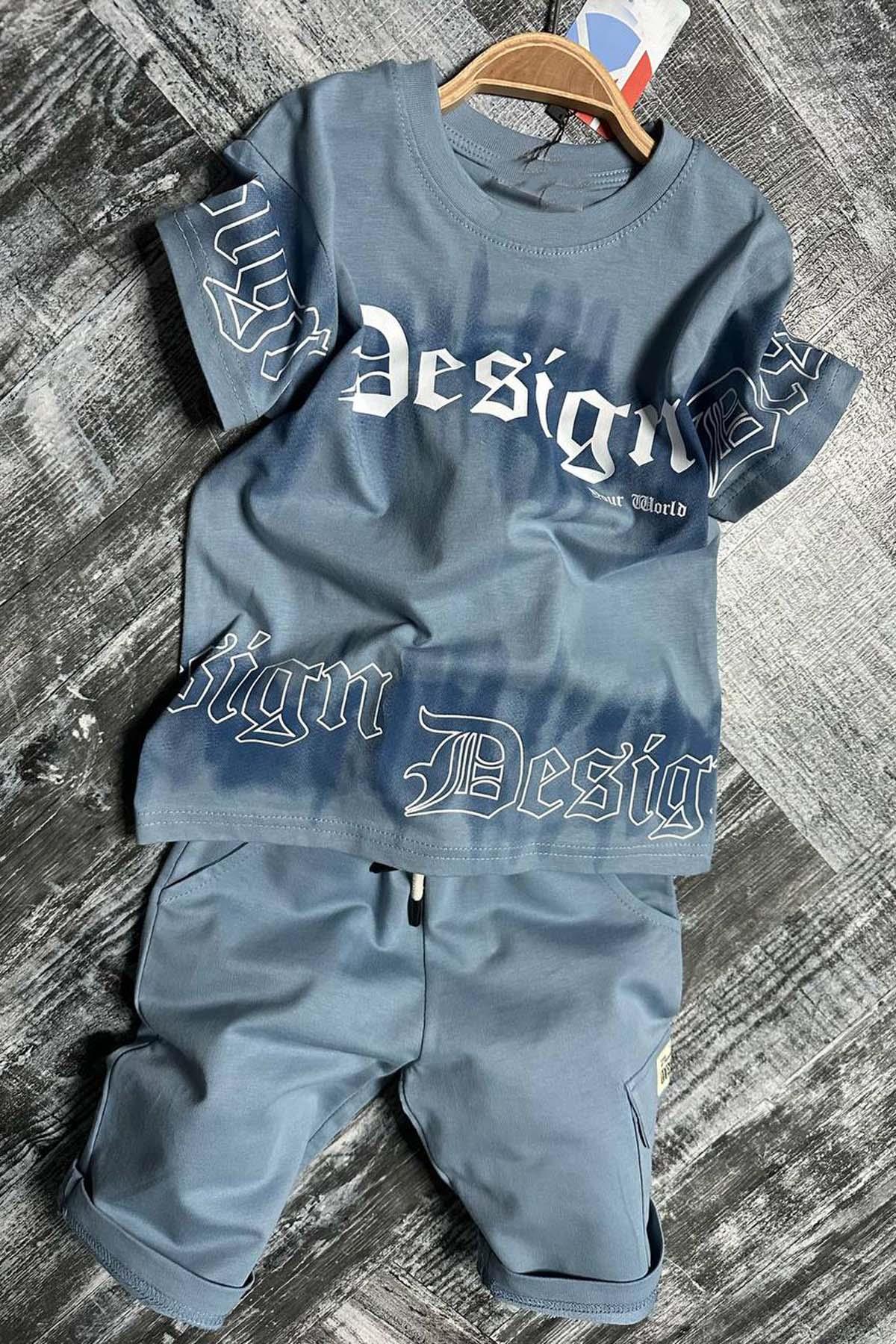 Erkek Çocuk Bisiklet Yaka Gradyan Renk Geçişli Design Mavi Şortlu Takım