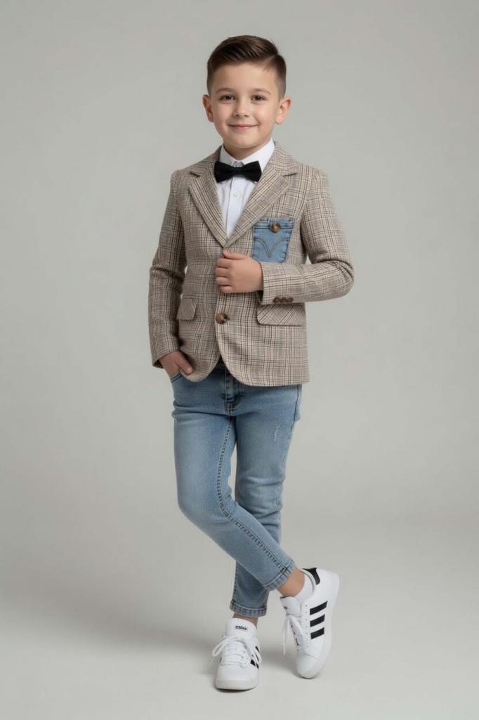 Erkek Çocuk Çizgili Blazer Ceket Kot Pantolon Sarı Alt Üst Takım