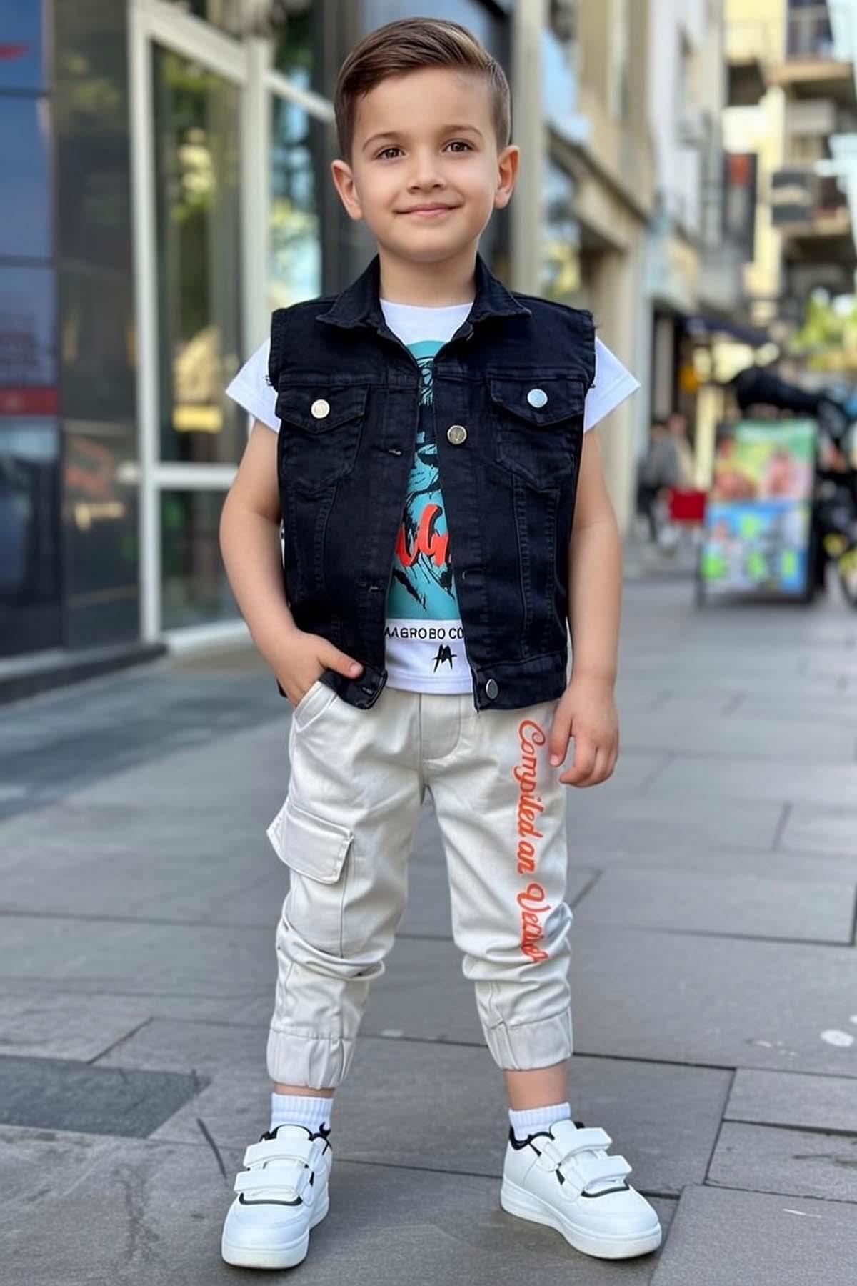 Erkek Çocuk Digital Kaplan Baskılı T-shirt Sırt Baskılı Sıfır Siyah Jean Ceket Alt Üst Takım