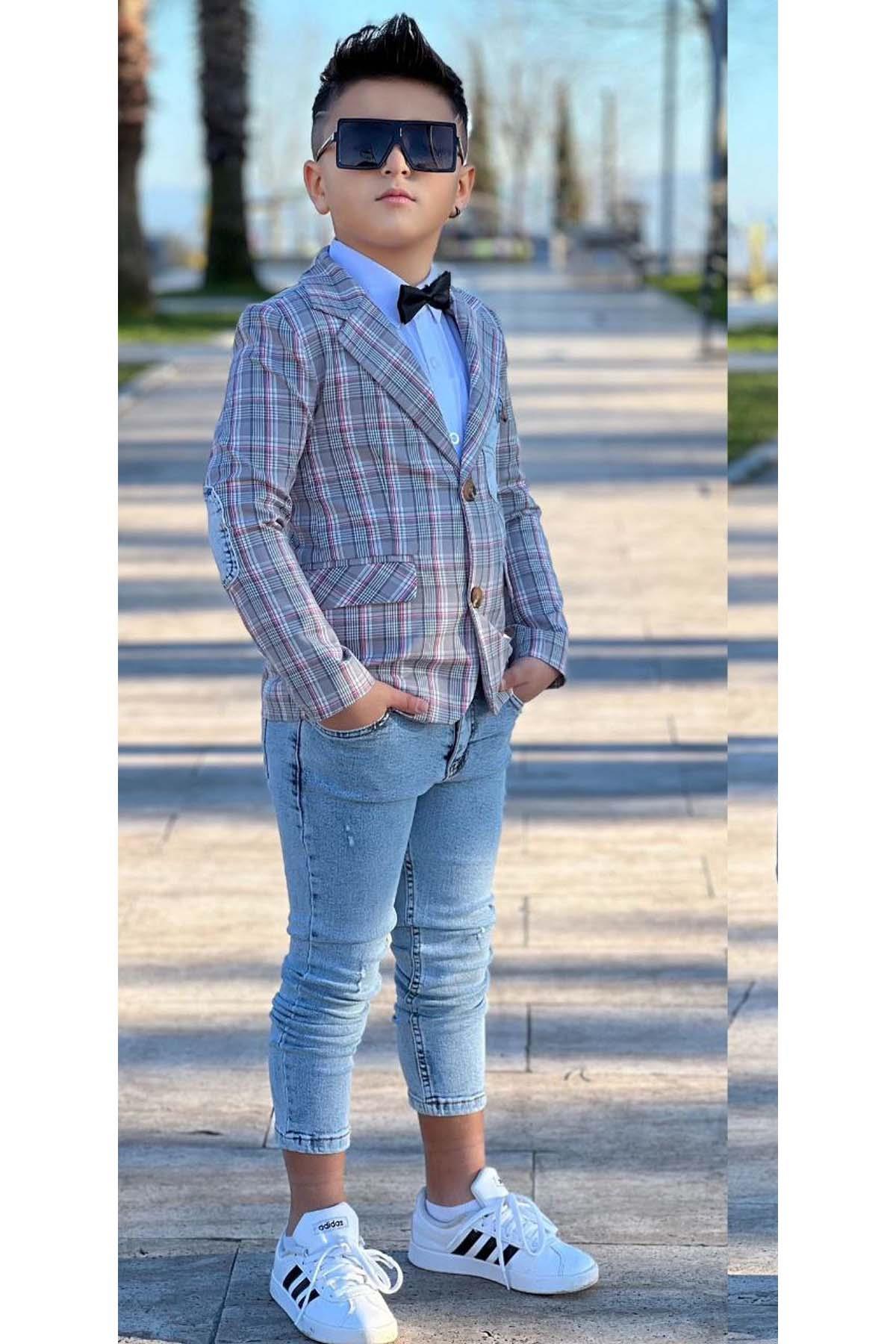 Erkek Çocuk Kırmızı Çizgili Blazer Ceket Kot Pantolon Alt Üst Takım
