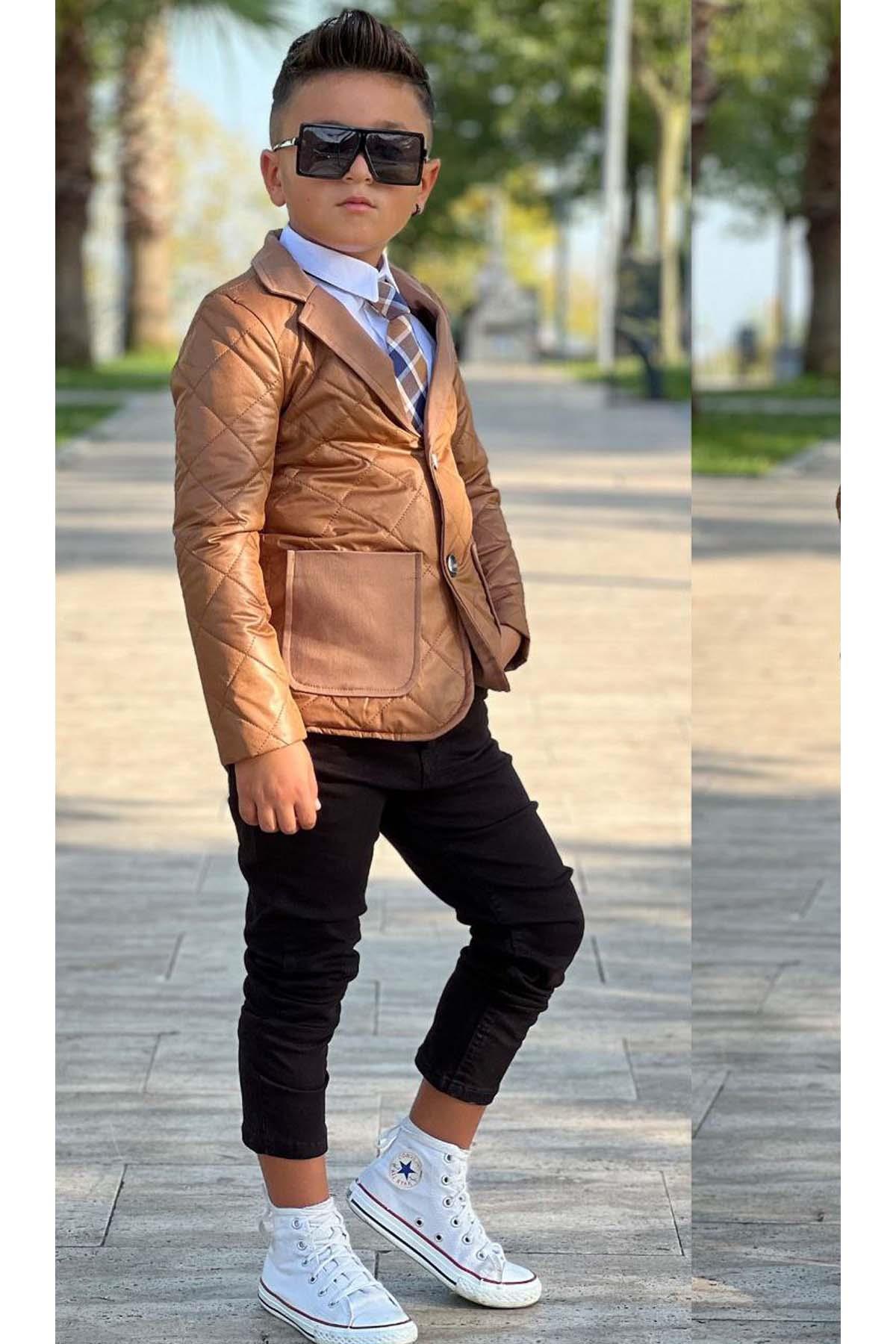 Erkek Çocuk Klasik Gömlek Kravatlı Kapitone Taba Mont Slim Pantolon Kesim Pantolon Alt Üst Takım