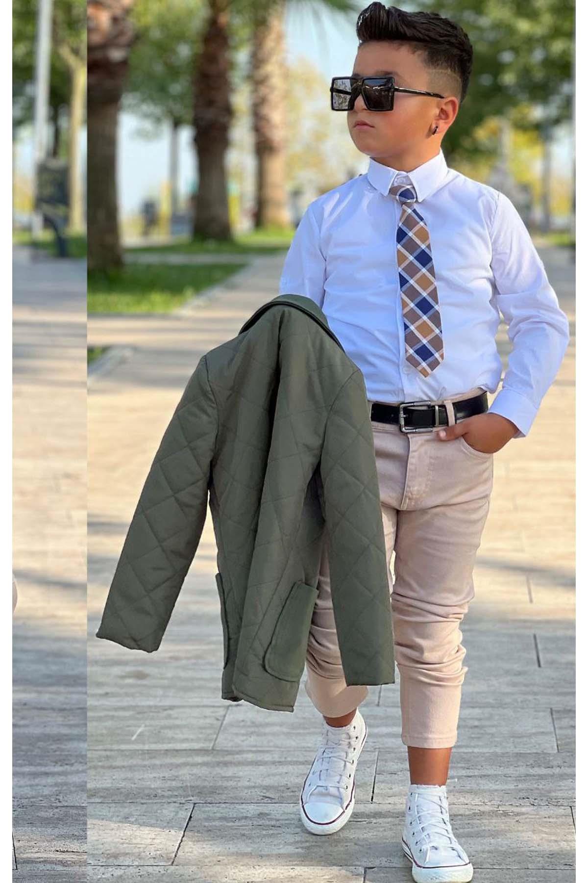 Erkek Çocuk Klasik Gömlek Kravatlı Kapitone Yeşil Mont Slim Pantolon Kesim Pantolon Alt Üst Takım