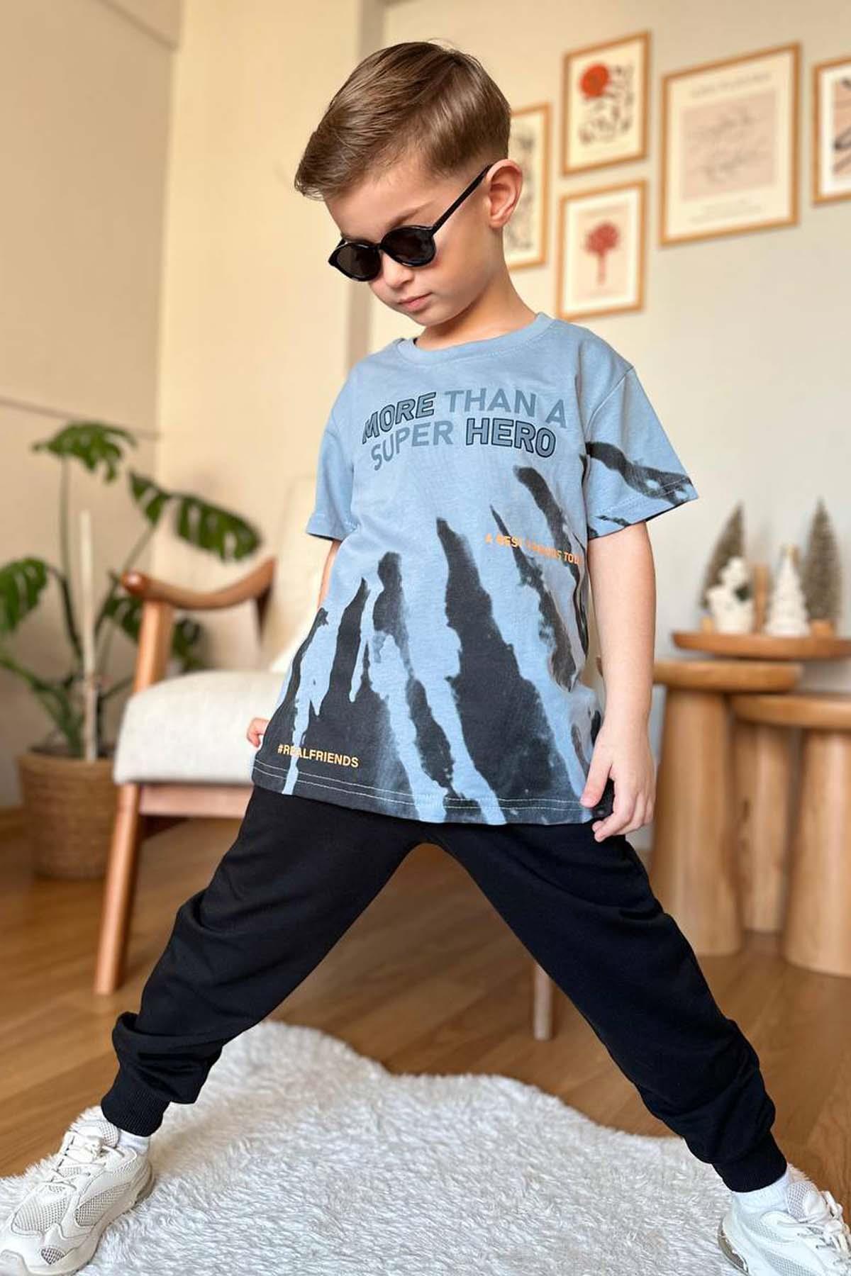 Erkek Çocuk More Than Yazı ve Eskitme Yazı Baskı Detaylı T-Shirt Mavi Eşofman Takım