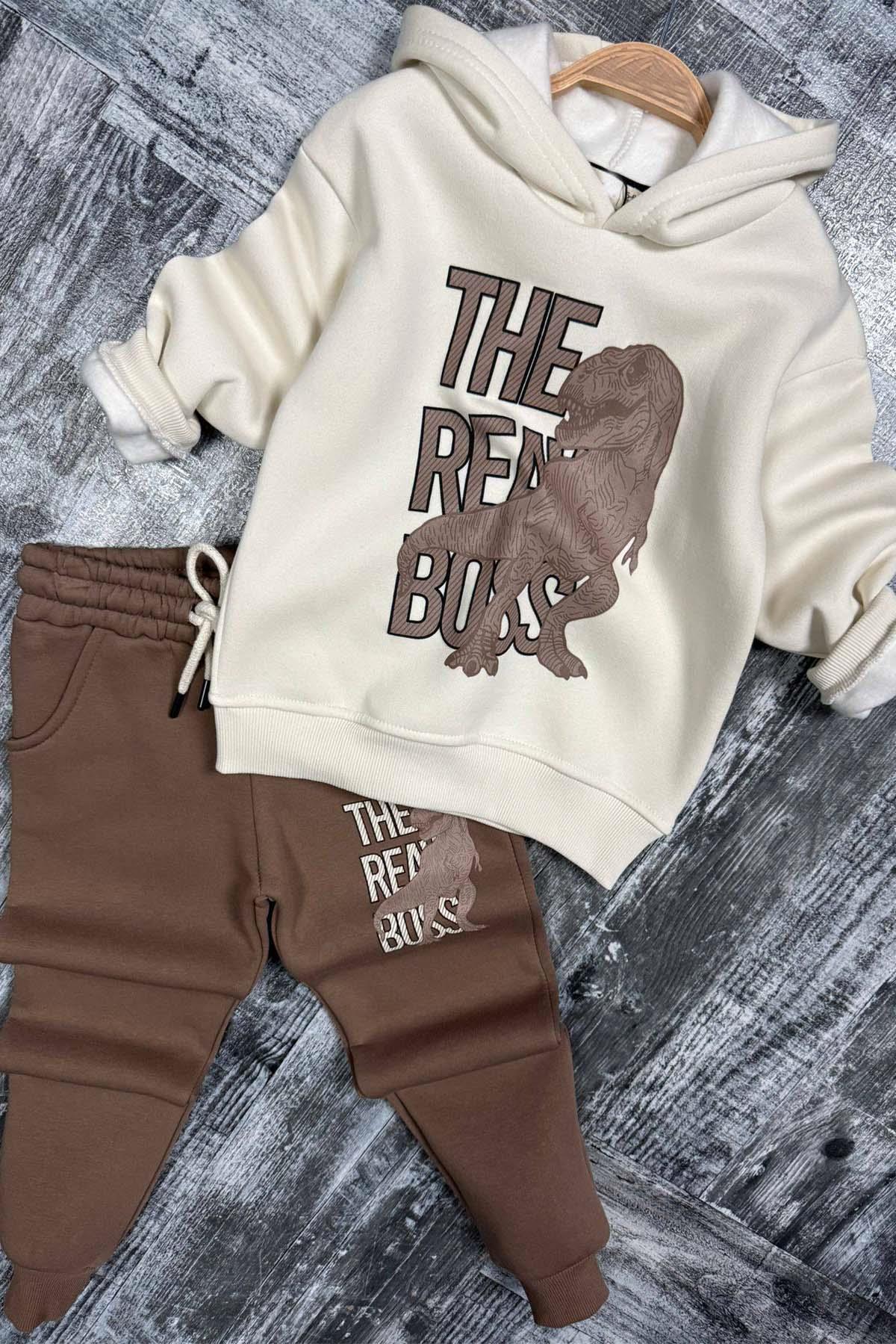 Erkek Çocuk Önü Yazı Ve Dino Baskılı Kapşonlu Sweatshirt 3 İplik Kahverengi Eşofman Takım