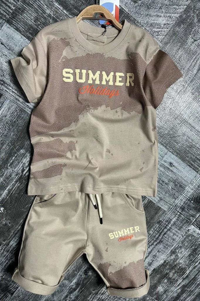 Erkek Çocuk Summer Yazı Baskılı Cep ve İp Detaylı Bej Şortlu Takım