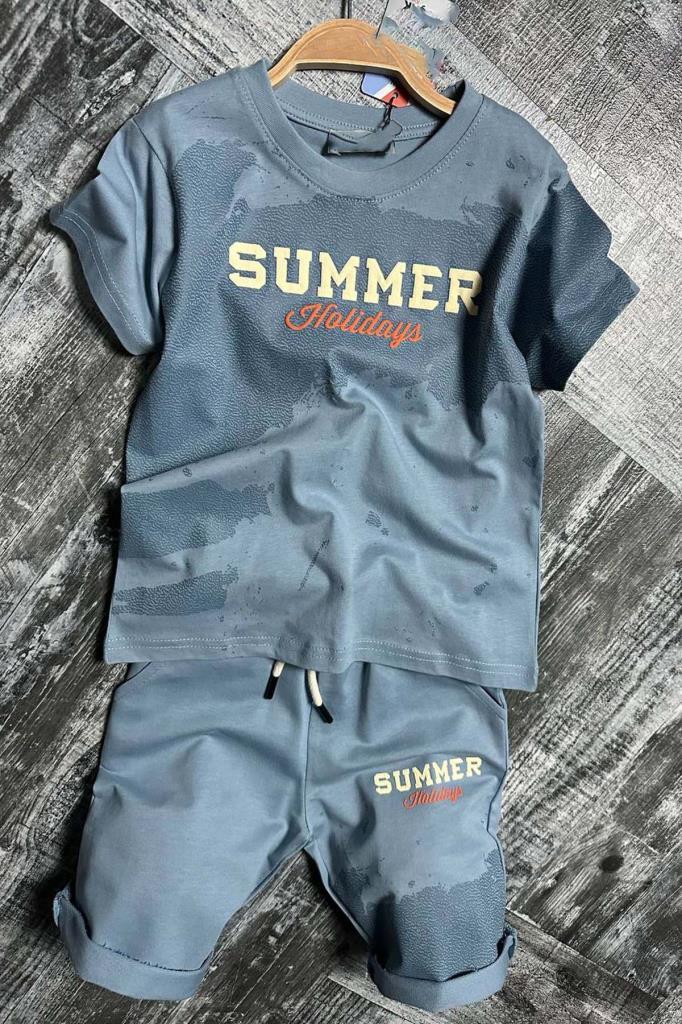 Erkek Çocuk Summer Yazı Baskılı Cep ve İp Detaylı Mavi Şortlu Takım