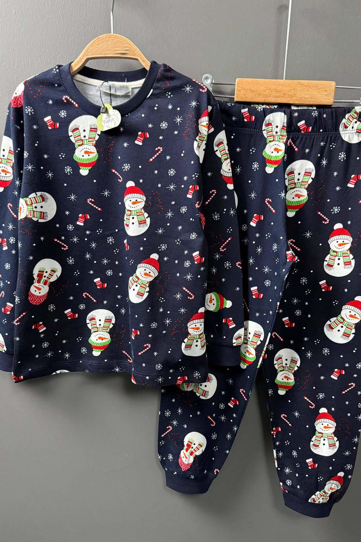 Erkek Çocuk Üzeri Kardan Adam ve Noel Baskılı Lacivert Pijama Takımı